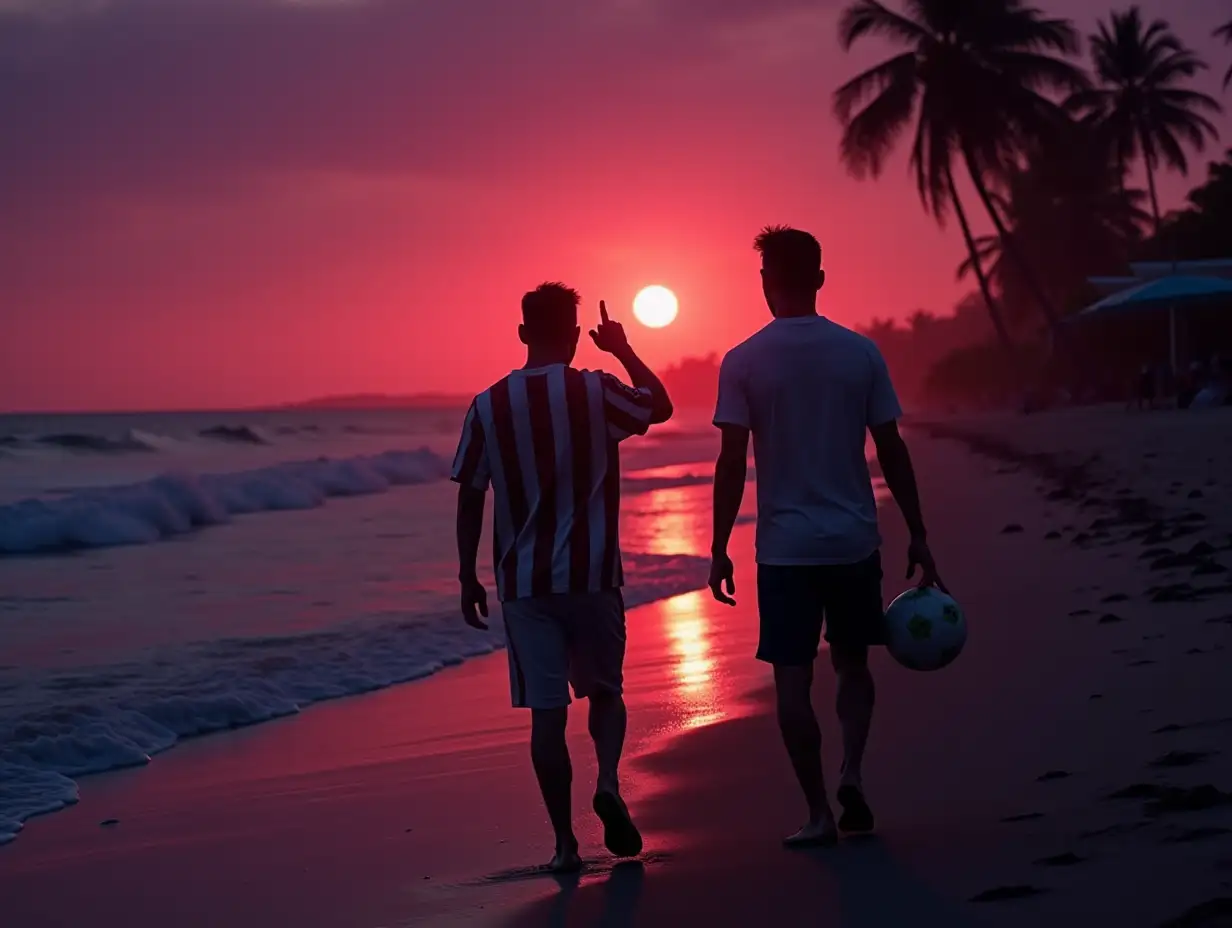 As the sky transitions into deep purple, Messi and Ronaldo head back, their figures silhouetted against the last traces of sunlight. Ronaldo spins the football on his finger as Messi carries his sandals and a small seashell he picked up. The beach is now quiet except for the soft rustling of palm trees and the rhythmic ebb of waves.