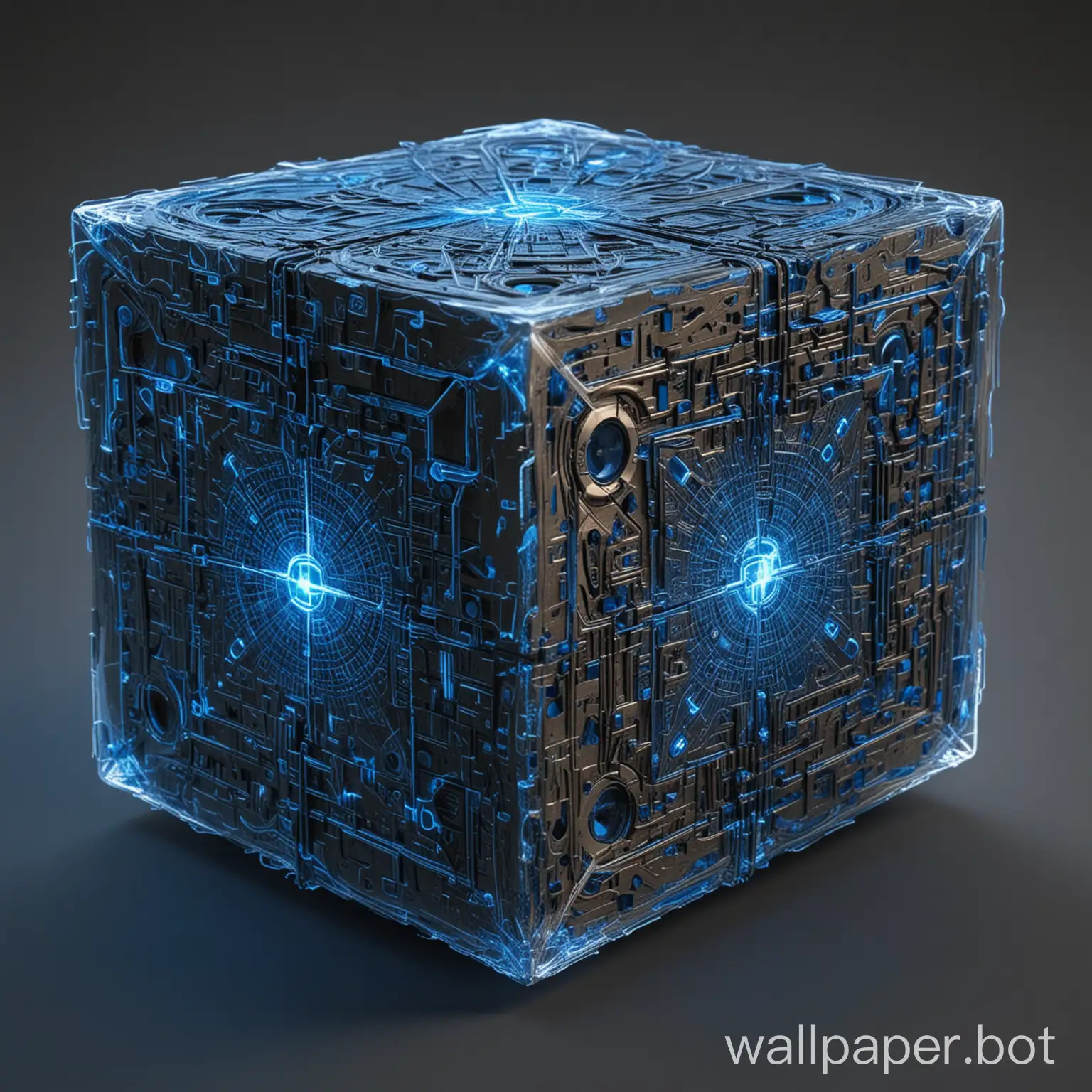 Give the cube more texture and patterns; it is a cube of mysterious and unknown origin. Include the electric blue traces haphazardly wrapping around the cube like a circuit board.