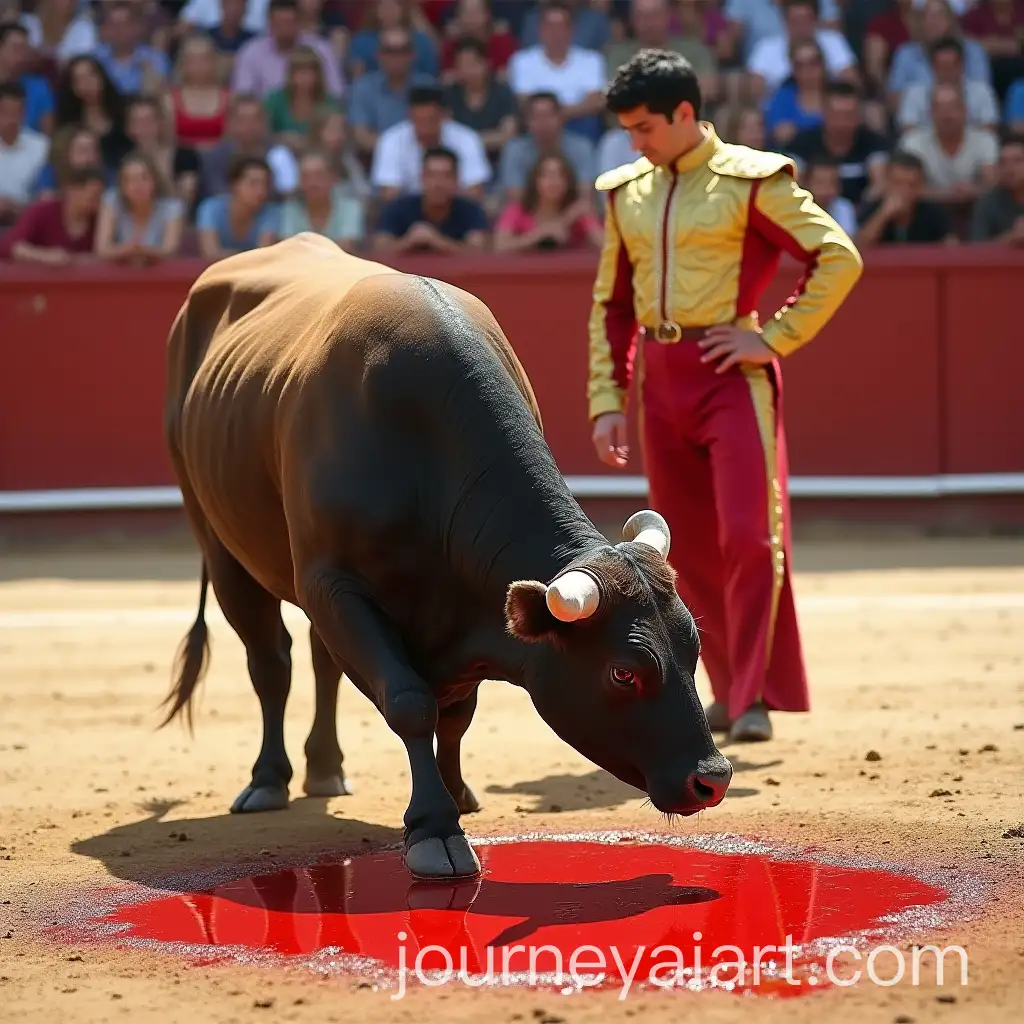 Bull-in-Bullring-Looking-at-Reflection-in-Puddle-of-Blood-with-Torero-in-Background
