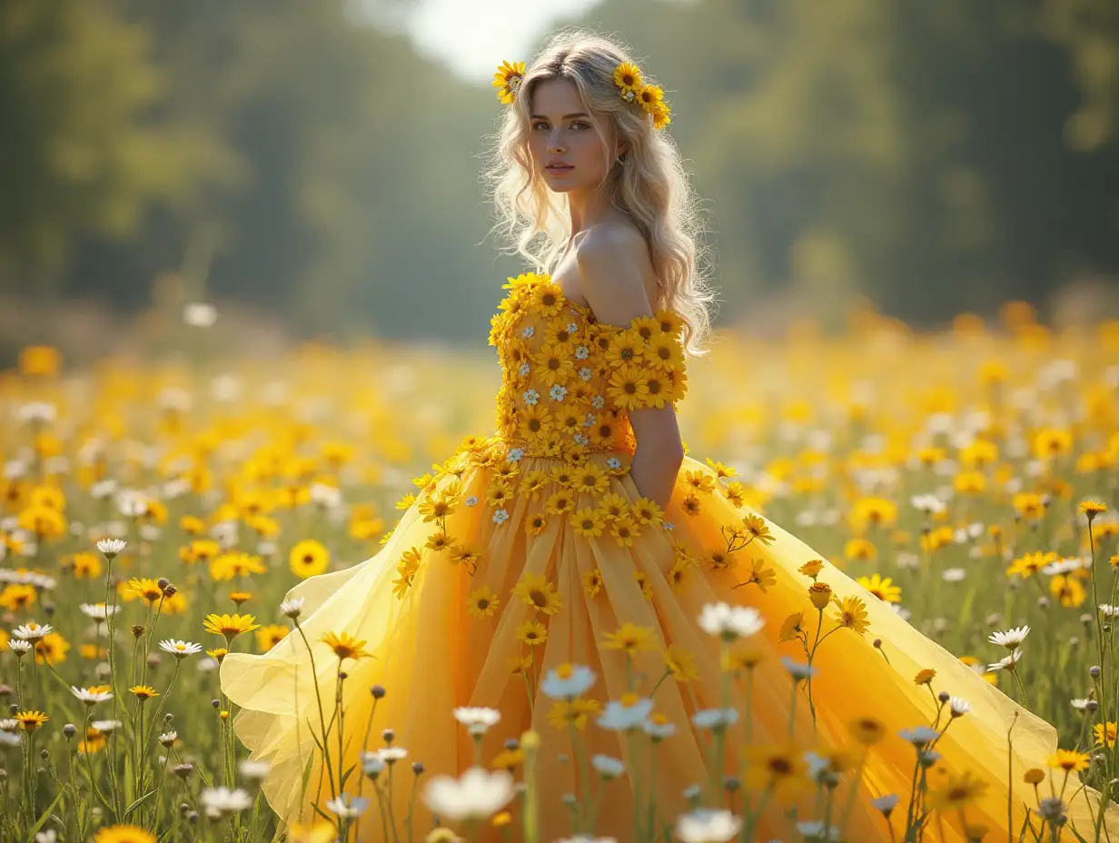 a gorgeous young lady wearing a long dress made of daisy flowers