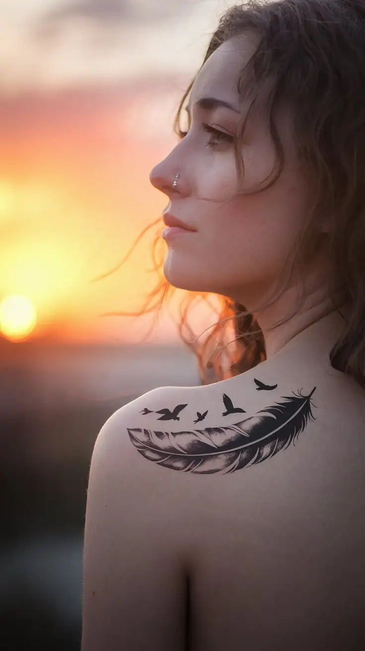 A woman with a feather and birds temporary tattoo on her shoulder blade, gazing dreamily at a sunset.  Back view, soft focus on the tattoo and the sunset sky, romantic and free-spirited mood. Midjourney, realistic, feather tattoo, birds flying, sunset, romantic, dreamy.