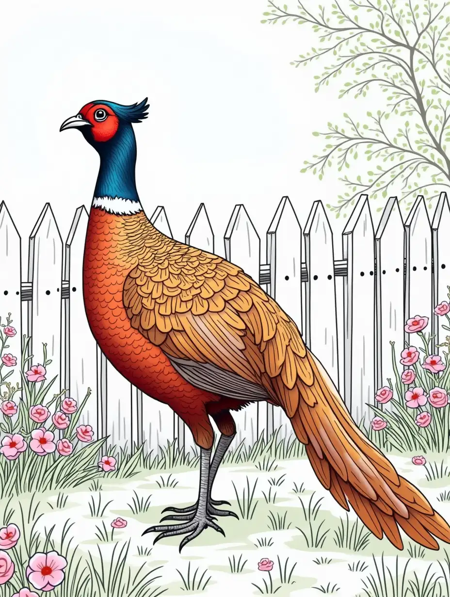 PPheasant-by-White-Fenceheasant-Perched-by-White-Picket-Fence-in-Lush-Garden