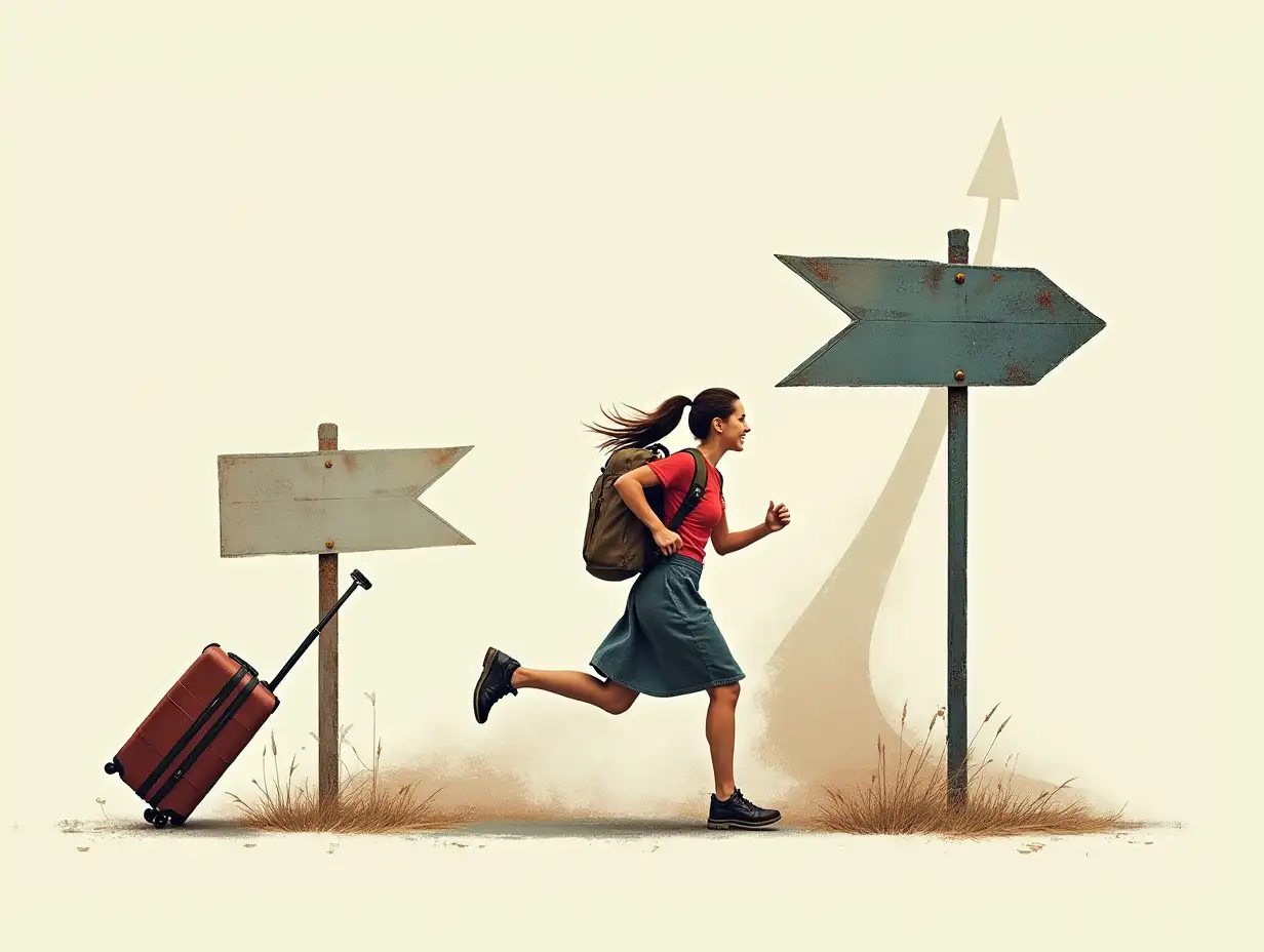 Young-Woman-Runner-with-Suitcase-Following-Arrow-on-Roadsign