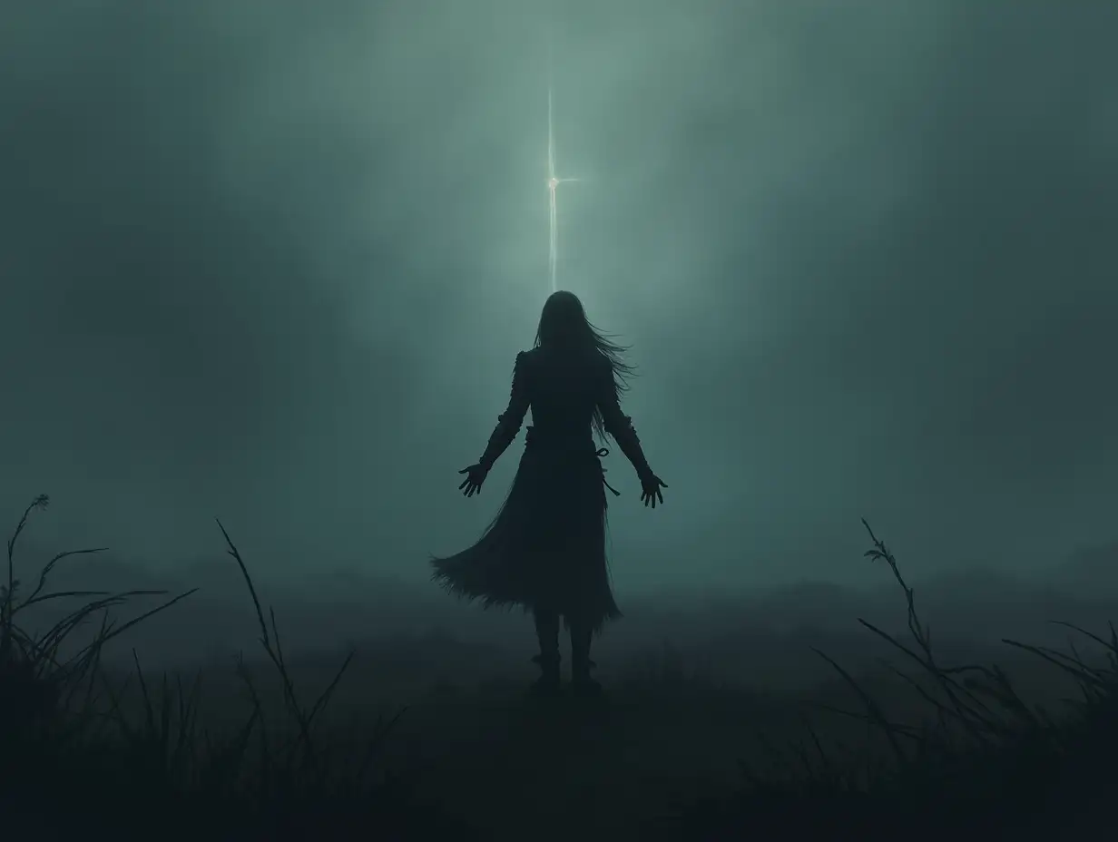 Draw an image that's hauntingly beautiful, emotive, and conveys the themes of darkness, struggle, and ultimate triumph. Here's the description: A lone knight, standing in a desolate, misty landscape. Her back is turned to the viewer, and her arms are outstretched, as if embracing the darkness or reaching for the light. The atmosphere is moody and introspective, with muted colors and subtle lighting. In the distance, a faint glow or a sliver of light can be seen, symbolizing hope and redemption. The overall mood is one of contemplation, resilience, and the struggle to find light in the darkness. The image should be cinematic, evocative, and leave room for interpretation.