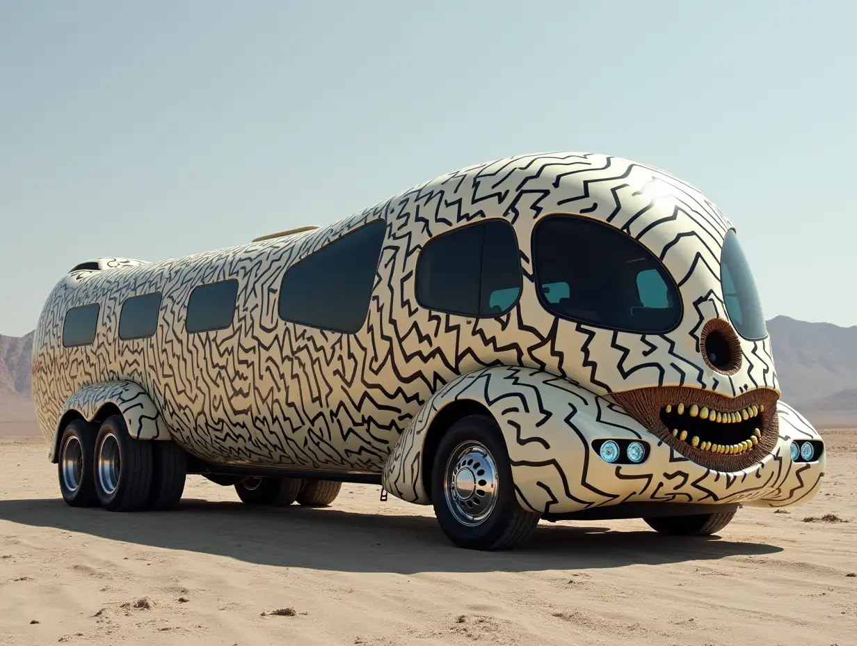 Supreme modern sports bus low-slung body with skull, aluminum wheels, wide tires, cream black zig zag pattern science fiction