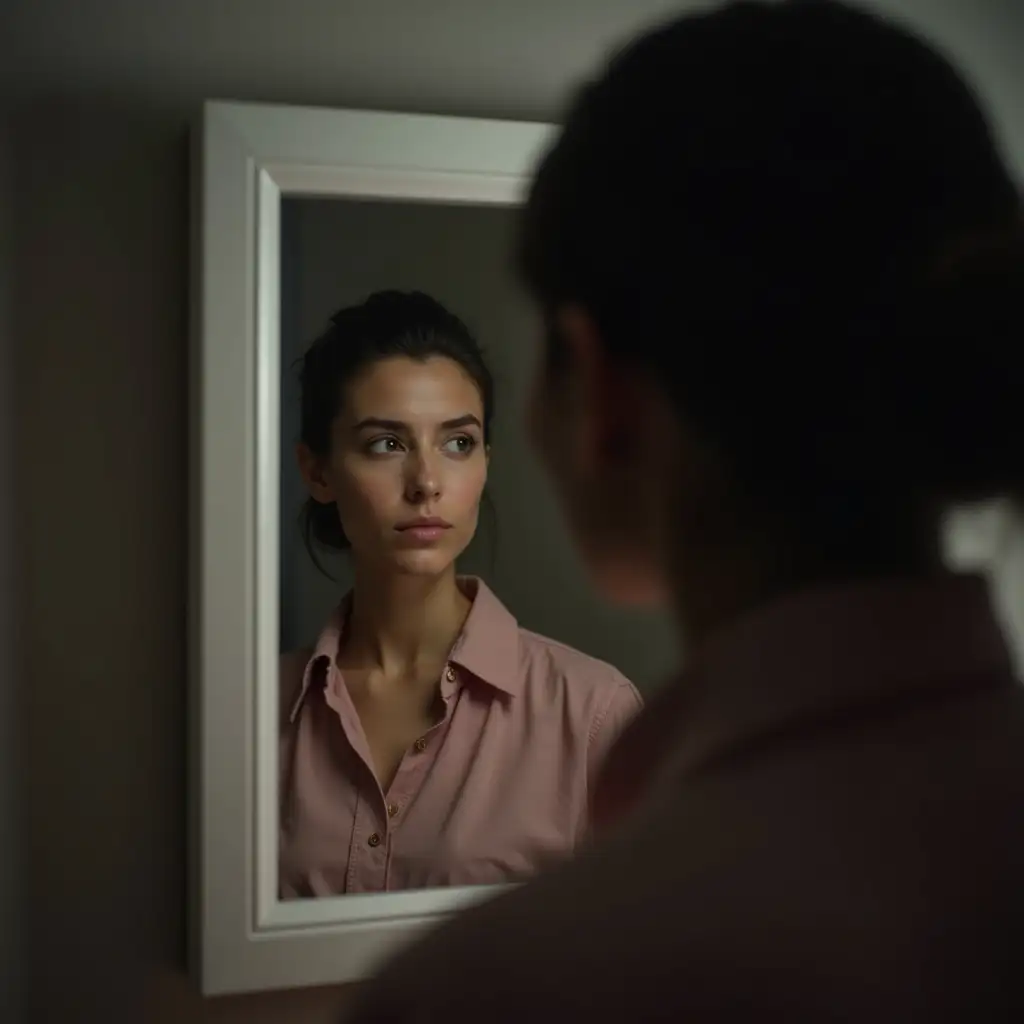 a sad woman looking at herself in the mirror