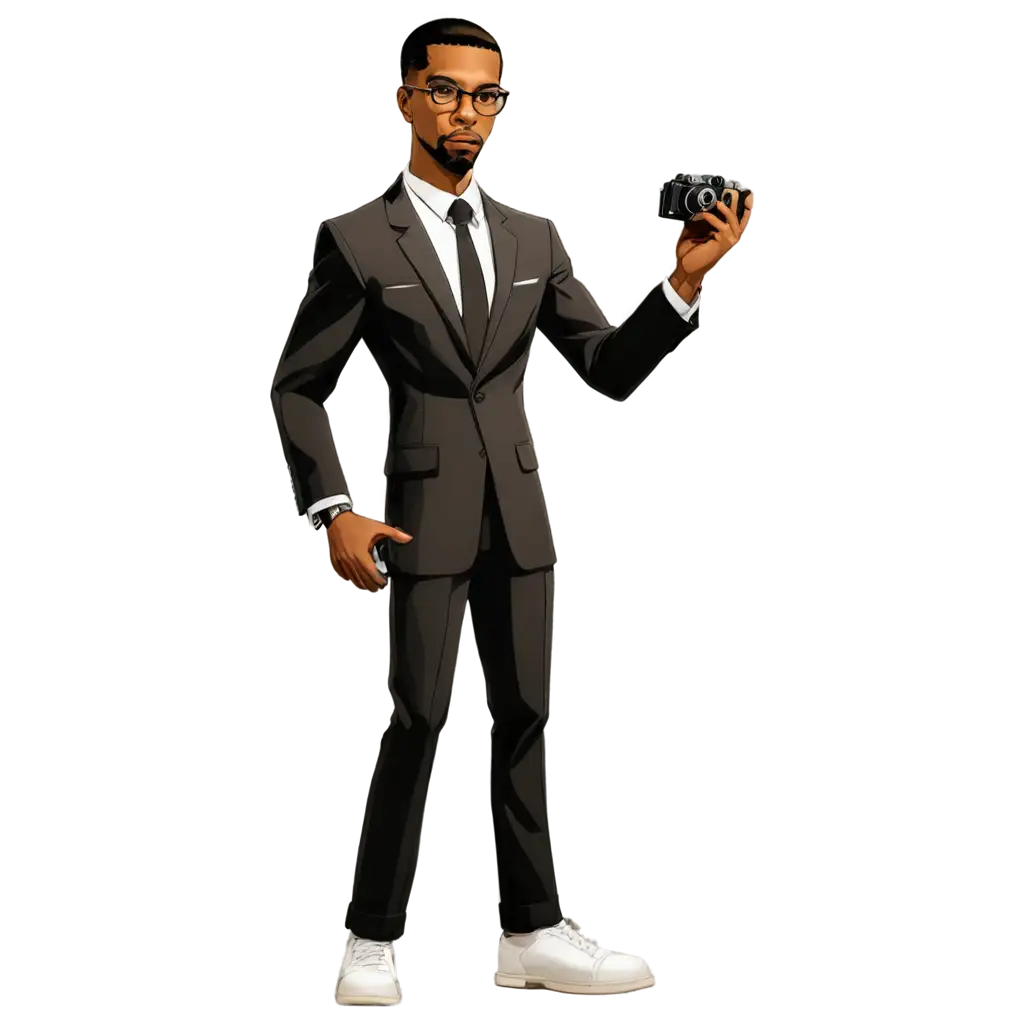 Malcom x anime style full body with a film camera