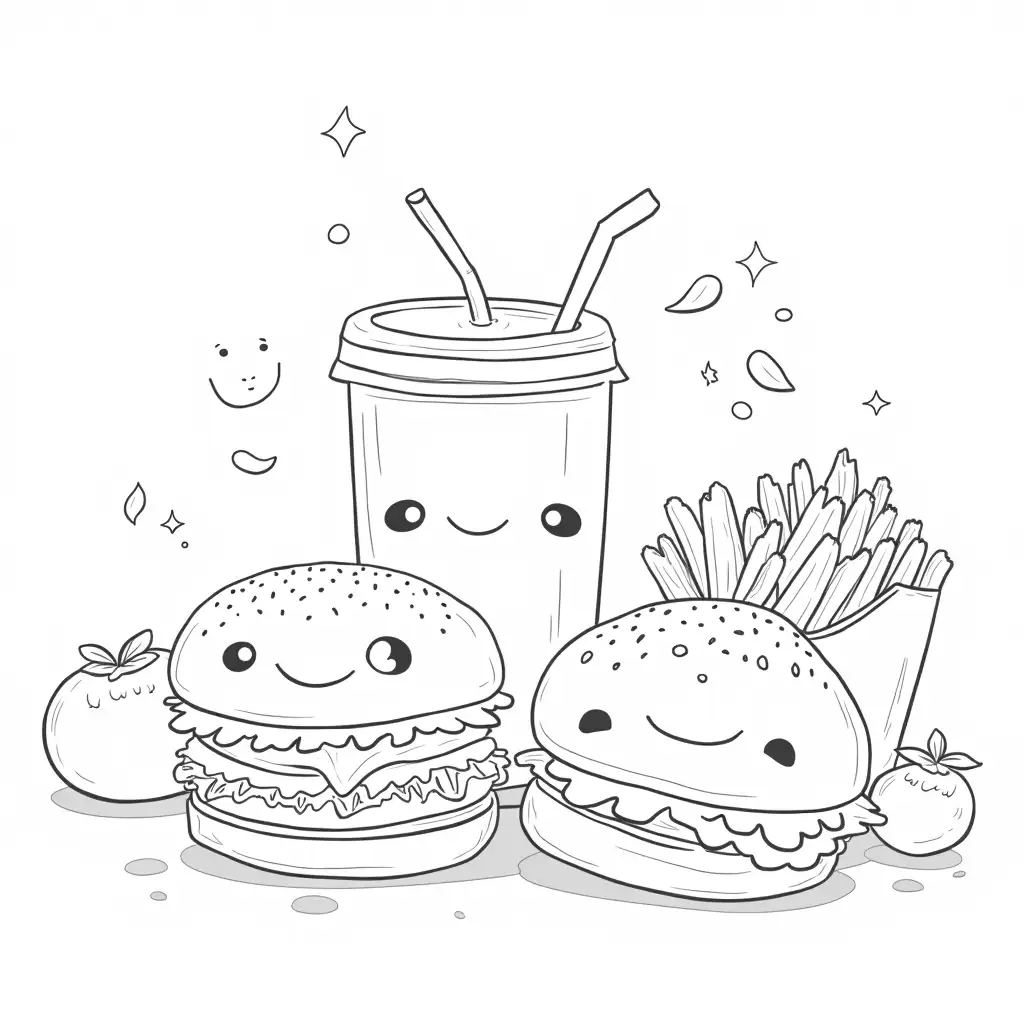 Kawaii-Fast-Food-Characters-with-Sparkles-and-Smiling-Sun