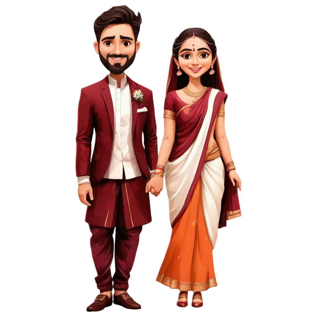 PNG-Wedding-Caricature-Groom-in-Dhoti-and-Bride-in-Maroon-Saree