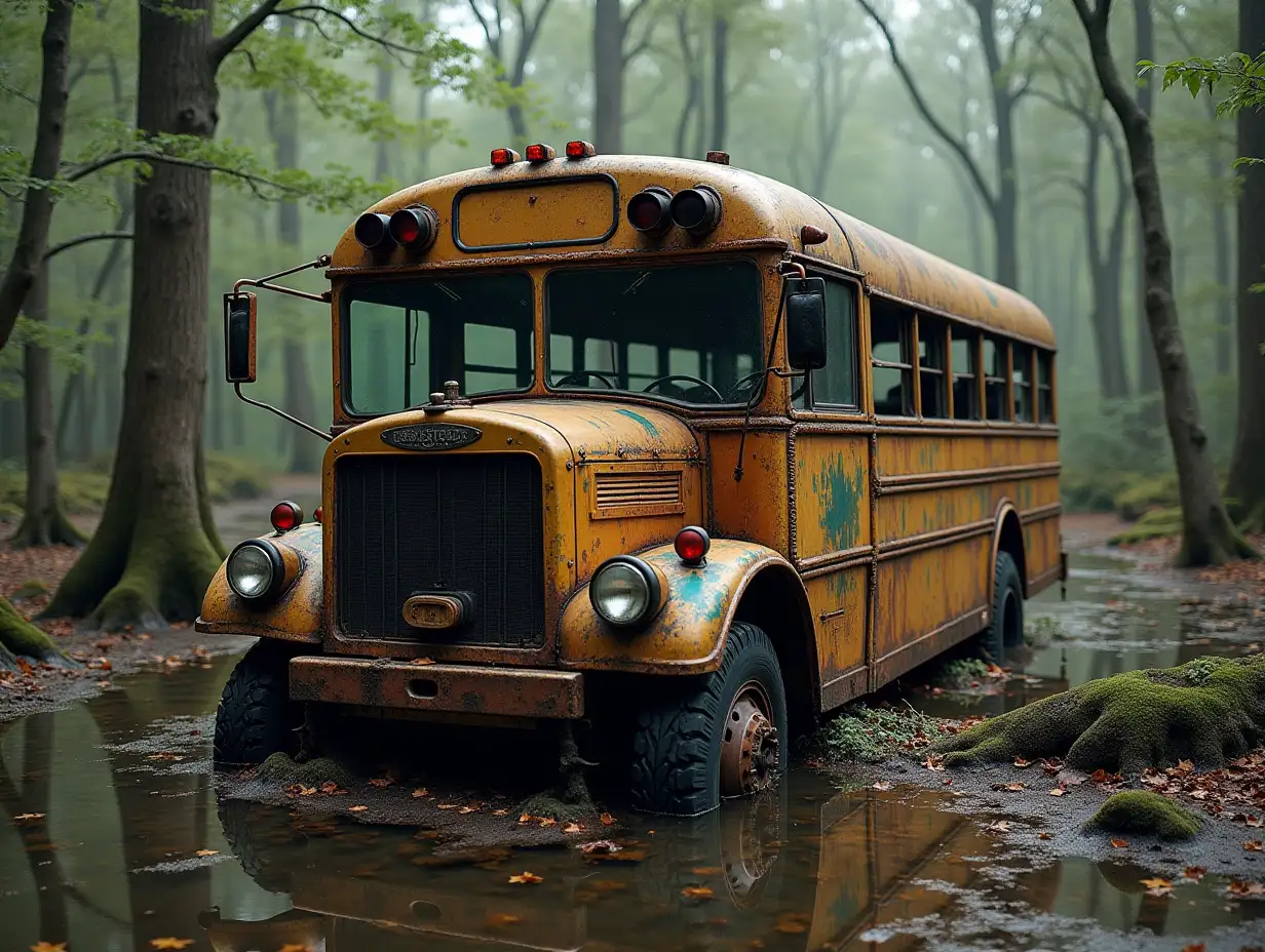 Rusty abandoned bus in a swamp Steampunk