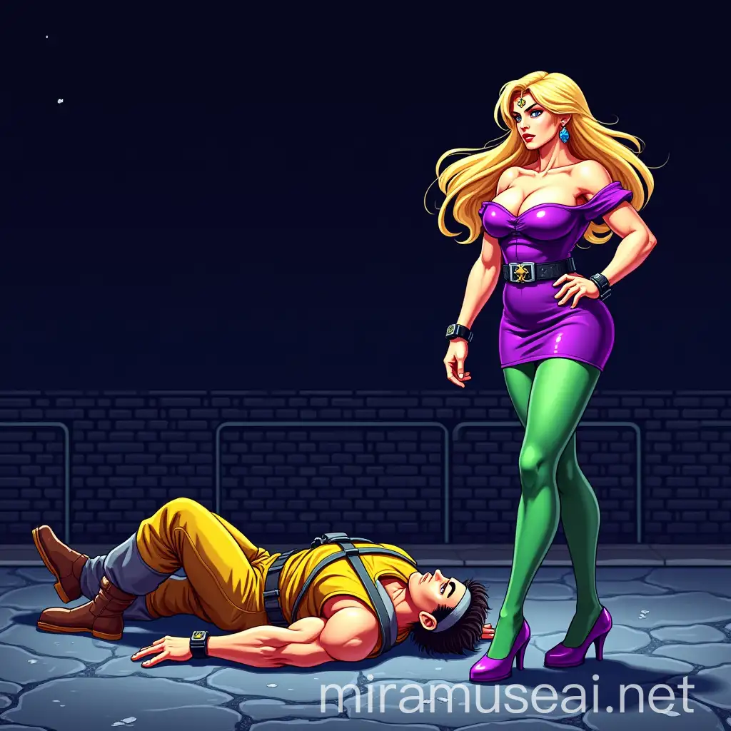 A scene inspired by 1990s arcade beat 'em up games. On the right side of the image stands a powerful female boss character. She has long, flowing blonde hair and wears a tight, off-the-shoulder purple mini-dress, a glossy black belt, green tights, and purple high heels. Her posture is upright, confident, and dominant, showing no signs of damage. On the left side of the image, a large, muscular male fighter lies lifeless on the ground, wearing a yellow combat outfit, boots, and a grey headband. His body is stretched out on the pavement, defeated. The background is a dark urban street at night, with a deep blue color palette and pixelated horizontal lines to indicate the road. The overall composition should clearly show the woman standing victorious on the right and the man defeated on the left, emphasizing her overwhelming strength. She looks down at her defeated enemy.