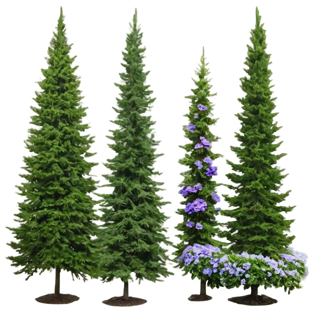 PNG-Image-of-Three-Tall-Evergreen-Trees-with-Blue-Purple-and-White-Flowers