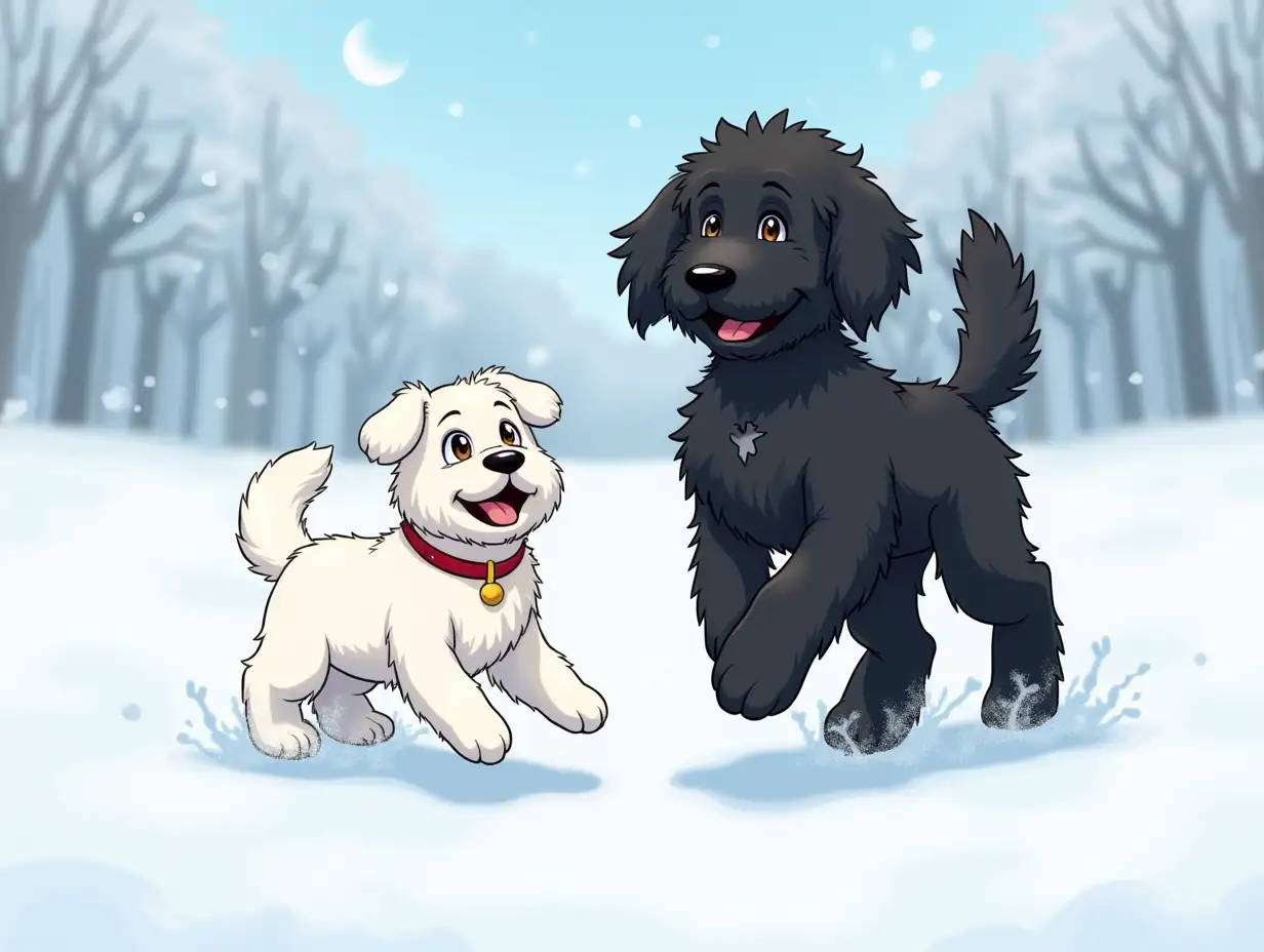 An anime style image of two dogs playing in the snow, one a Maltese terrier the other a bigger black, older straight haired labradoodle