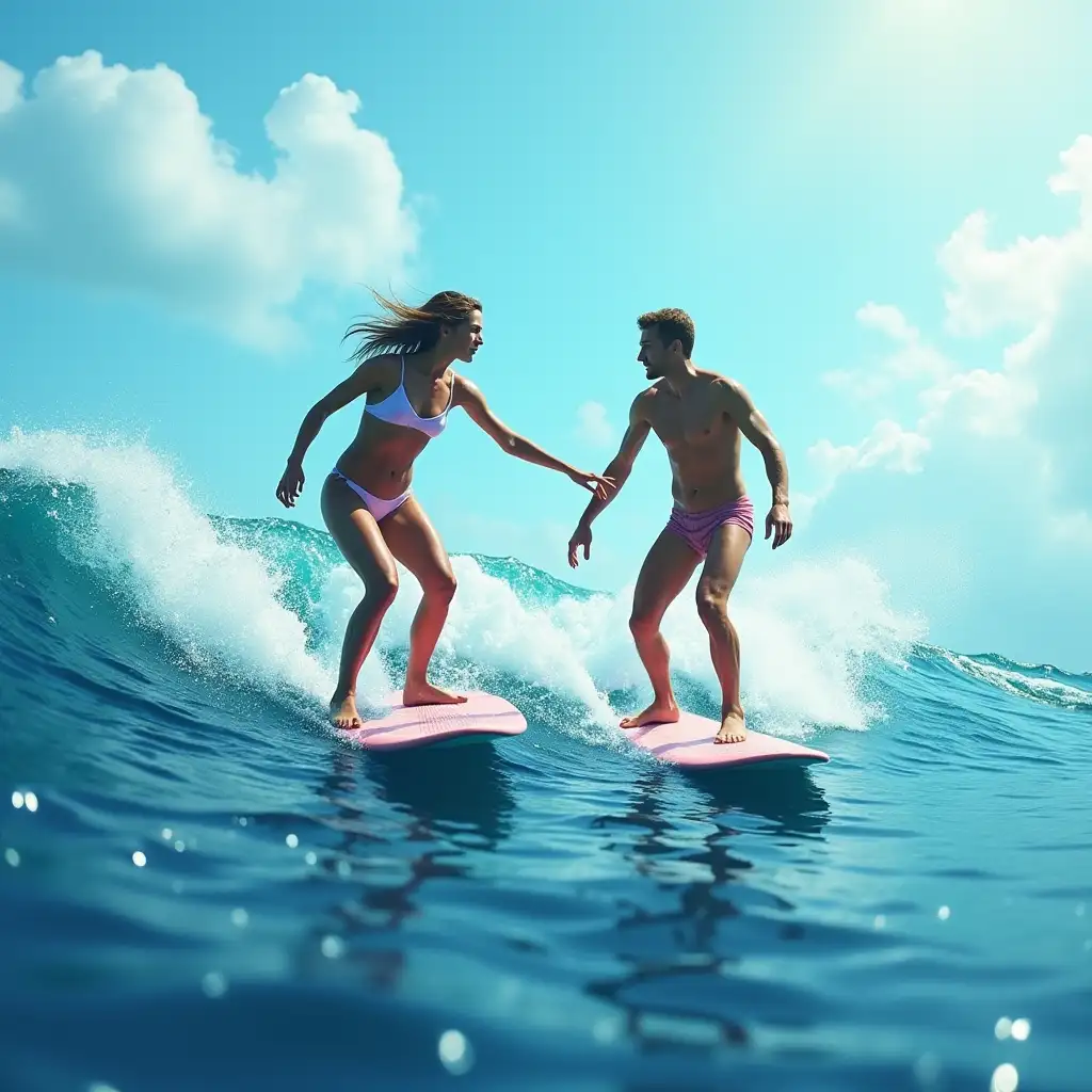 I want a realistic creative and attractive visual board where the male and female are surfing together in their separate board in a vast ocean