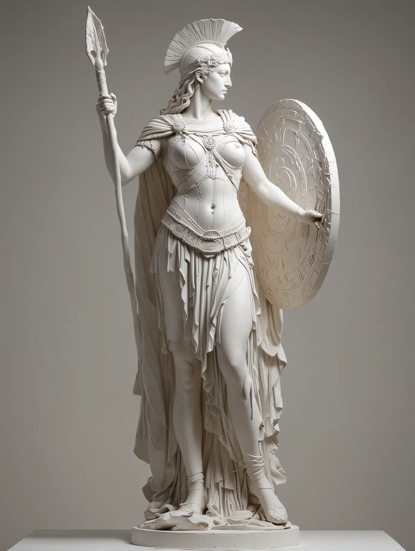 Profile View Sculpture of Goddess Athena with Shield and Spear