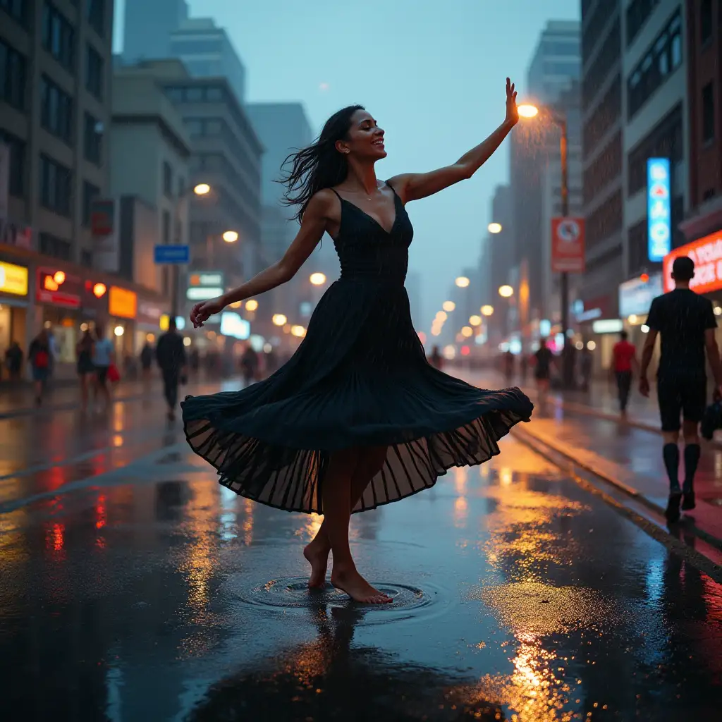 Depict a woman dancing joyfully in the rain on the streets of a bustling city. The urban setting is alive with reflections of neon lights and city buildings glistening in the puddles. She moves with grace in the rain, her soaked clothes clinging to her as she twirls through the wet pavement, completely at peace and immersed in the moment. The sky above is stormy, but a soft glow breaks through the clouds, symbolizing hope. The scene captures the essence of the saying: 'Life isn’t about waiting for the storm to pass, but learning to dance in the rain,' as she dances freely amidst the city’s rain-soaked streets.