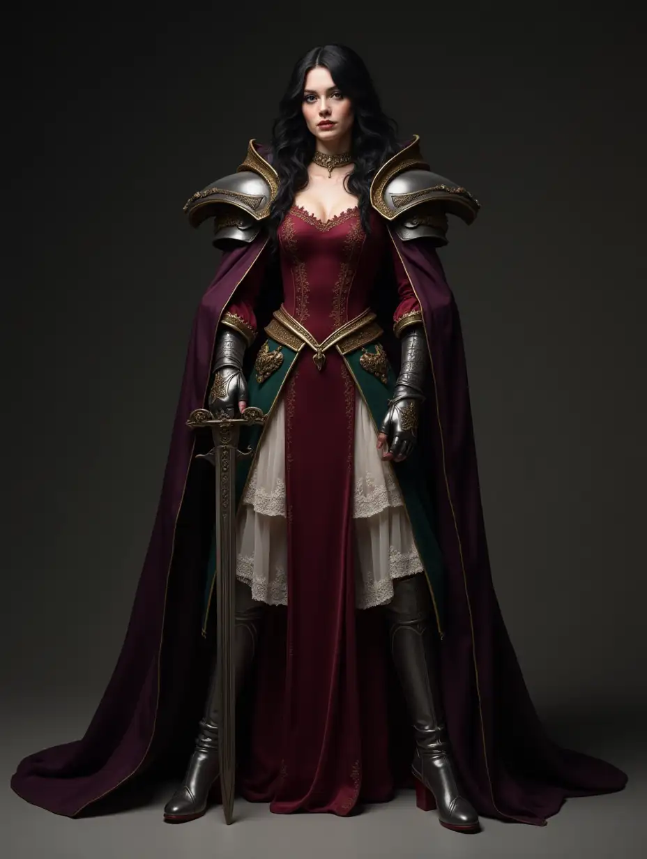 A regal and mysterious noble warrior with long, wavy black hair and a piercing gaze stands with confidence, slightly tilting their head while looking forward. Her wear an opulent medieval-inspired outfit consisting of a deep red inner gown with delicate embroidery, layered with a luxurious dark purple cloak trimmed with gold and lined with fur around the shoulders. The warrior's armor is ornate yet practical, featuring silver gauntlets with intricate engravings and reinforced shoulder guards. In one hand, they gracefully hold a finely crafted sword, partially drawn from its scabbard, exuding an air of authority and refinement. The lower half of the outfit showcases a layered skirt with semi-transparent white fabric, embroidered details, and an elegant green hem decorated with small golden ornaments. Their footwear consists of heeled, armored boots, blending functionality with aristocratic style. The lighting is dramatic, casting soft yet directional shadows, enhancing the rich textures of the fabrics and metal. The background is minimalistic, ensuring focus remains on the character, with subtle medieval or gothic elements to set the atmosphere. IMG-7587.JPG