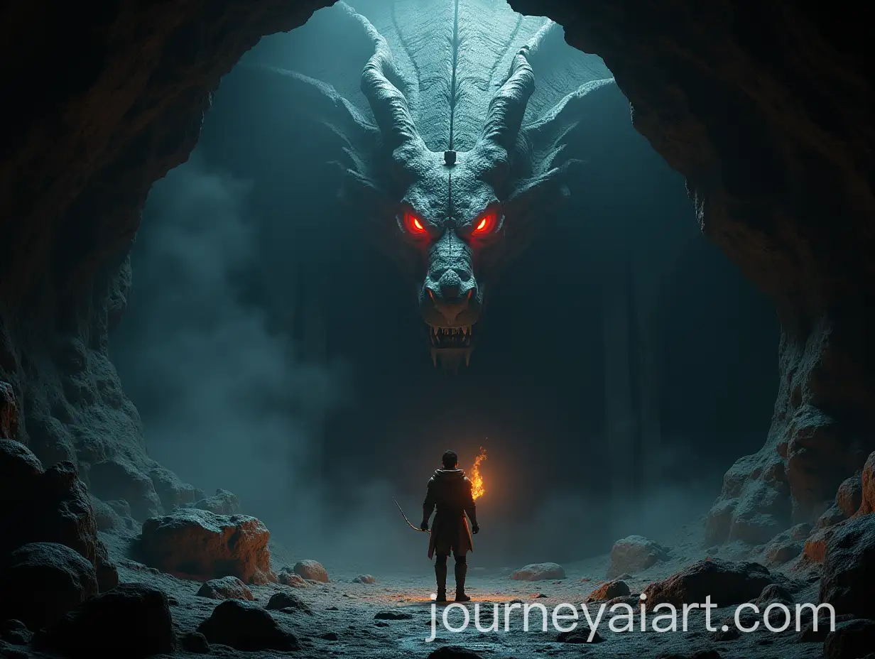 Man-Facing-Ominous-Stone-Dragon-in-Dimly-Lit-Cave