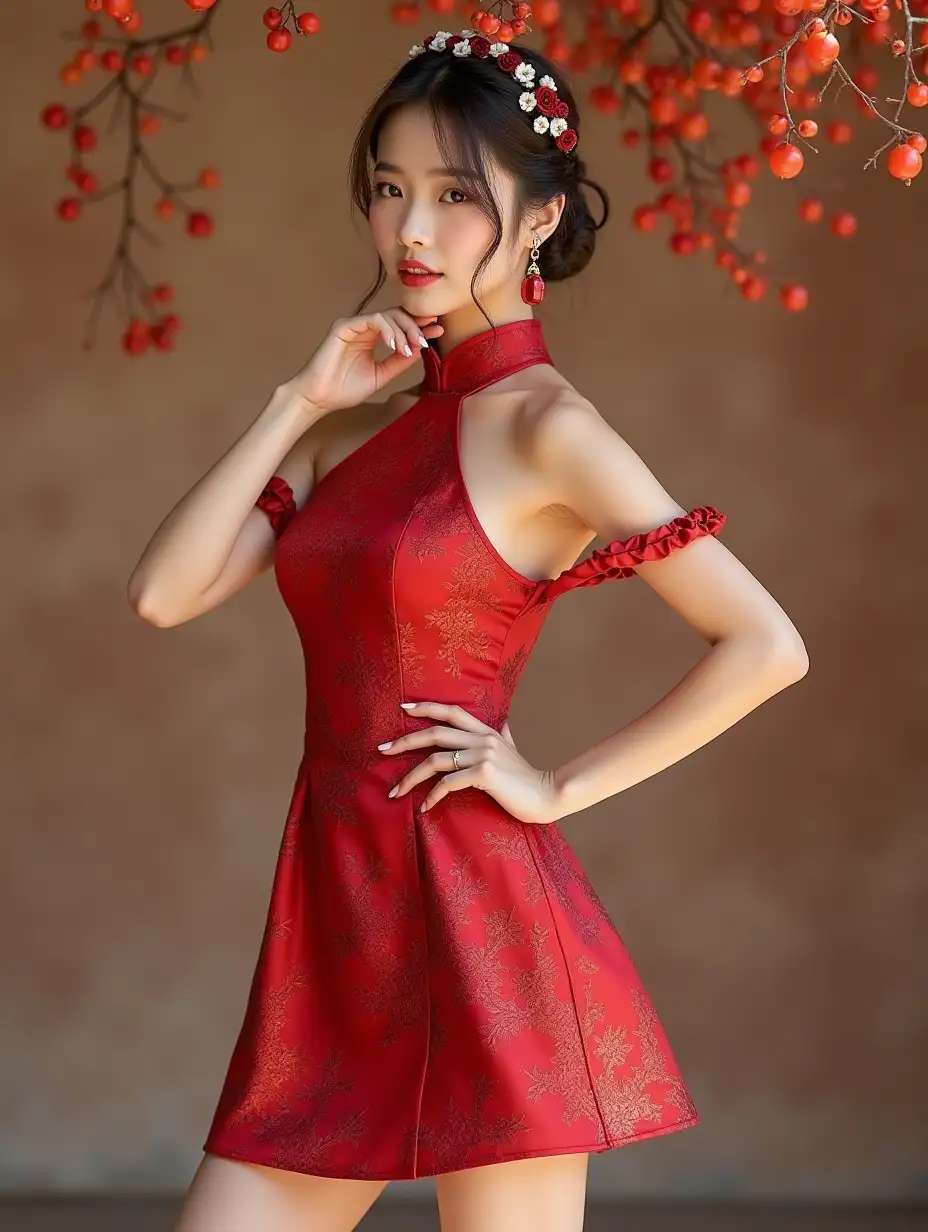 Young-Woman-in-Chic-Ruby-Red-Cheongsam-Posing-Gracefully-at-Spring-Festival-Event