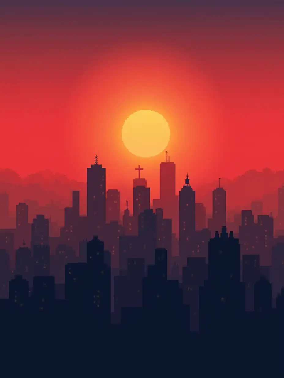 A flat design of a city skyline with buildings silhouetted against a dramatic sunset gradient.