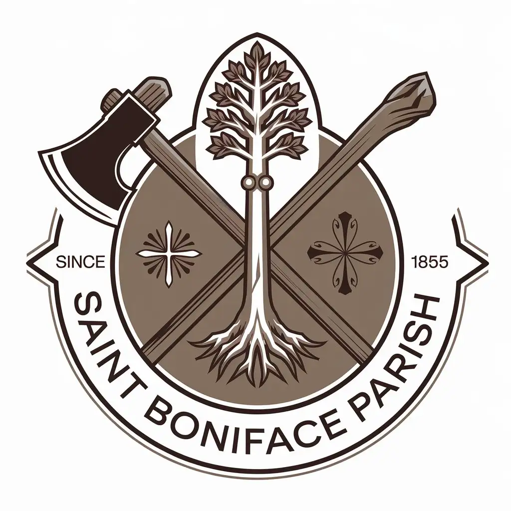 LOGO Design for Saint Boniface Parish Vector Logo Featuring Axe Tree and Staff Symbolism