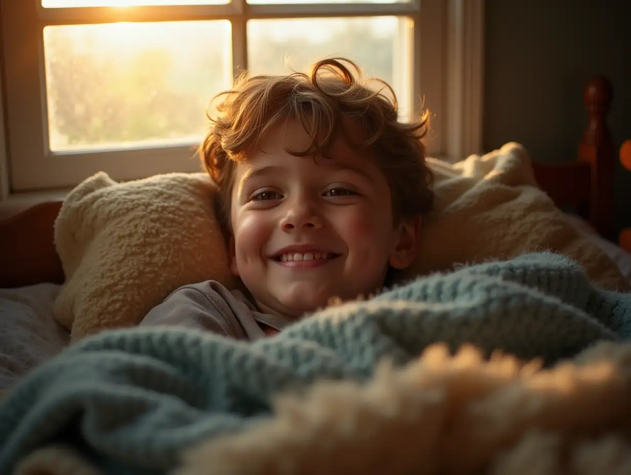 The morning sun slips through the slats of a half-open window, casting soft, warm beams across a small, tidy bedroom. A young boy, about fourteen years old, stirs beneath a cozy blanket, its edges slightly rumpled from a peaceful night’s sleep. His face, relaxed and untroubled, begins to break into a smile as he senses the day’s arrival. Slowly, his eyes flutter open, bright and alive, reflecting the light that fills the room....