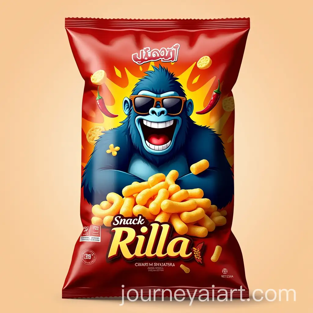 Geometric-LaughingAI-Image-Prompt-Expansion-Gorilla-Mascot-on-Corn-Puff-Snack-Bag-with-Fiery-Chili-and-Cheese-Elements