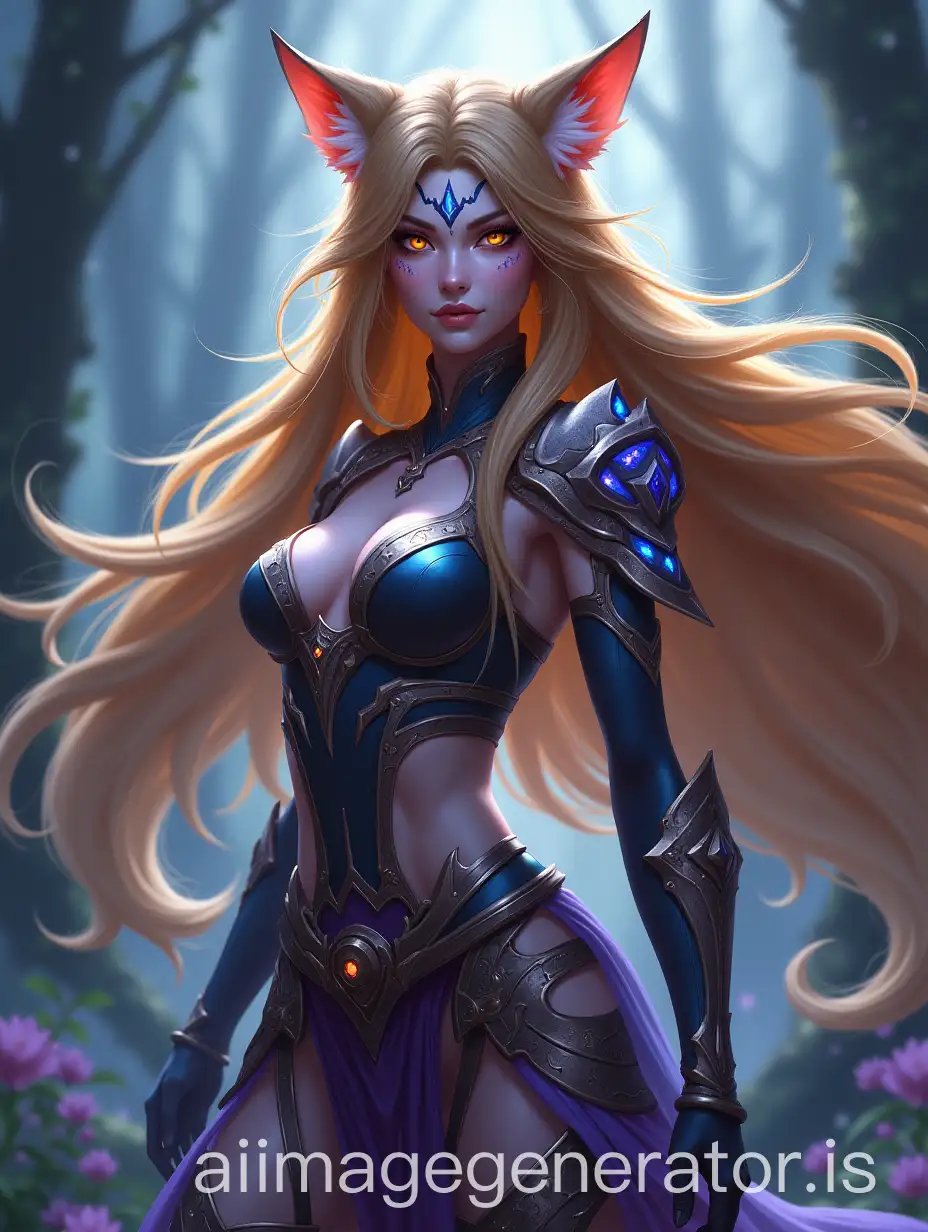 In a high fantasy style, a fierce and divine goddess inspired by Ahri from League of Legends. She has long, flowing fox tails and elegant cat ears, her skin adorned with glowing, mystical markings. Her hair moves like the winds of the cosmos, wild and untamed. Dressed in warrior-inspired armor, her presence is both enchanting and powerful, radiating divine strength and mystery. Her eyes shine with an intense, captivating glow, and her form exudes both agility and unrelenting power. She is a warrior goddess, swift as a predator, and as unstoppable as the forces of nature.