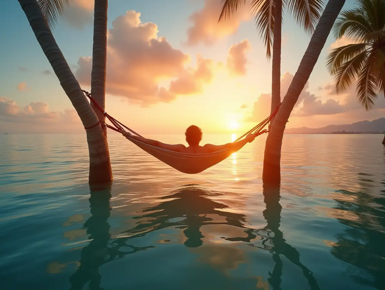 Person-Relaxing-on-Hammock-During-Serene-Sunset-Over-Calm-Ocean