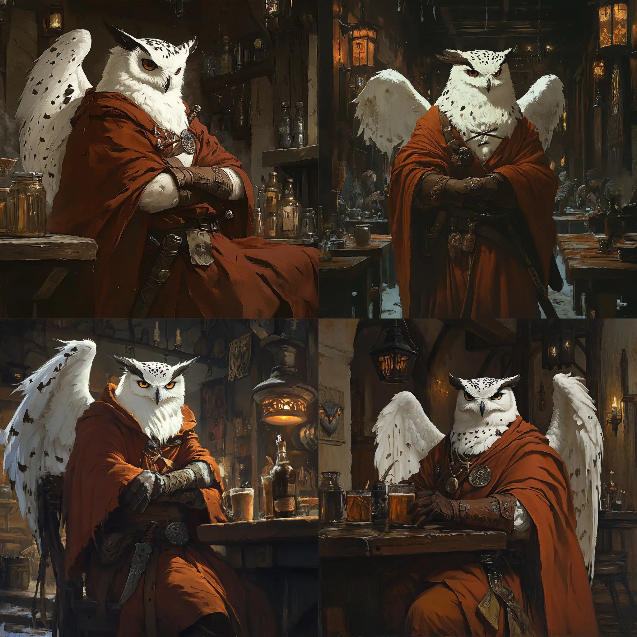 Snowy-Owl-in-a-Red-Robe-A-Serene-Tavern-Encounter