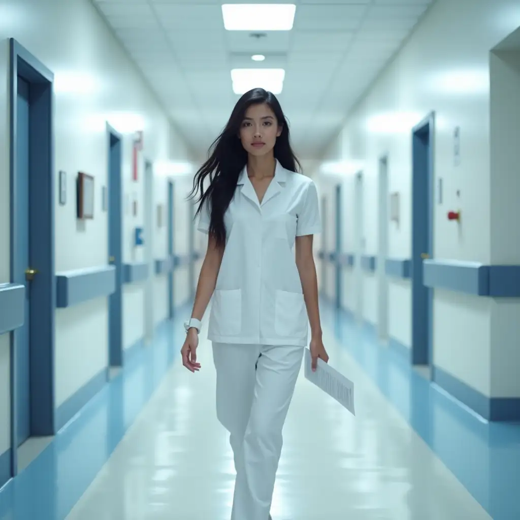 A modern hospital corridor with bright, clean lighting and a polished floor reflecting the overhead lights. The walls are white with subtle blue accents, and there are doors on both sides leading to patient rooms. A beautiful young nurse is walking towards the viewer, holding a paper in her hand. She has long, flowing black hair and deep brown eyes, wearing a professional white nurse uniform. She has a calm and focused expression as she walks confidently. The atmosphere is peaceful and professional.