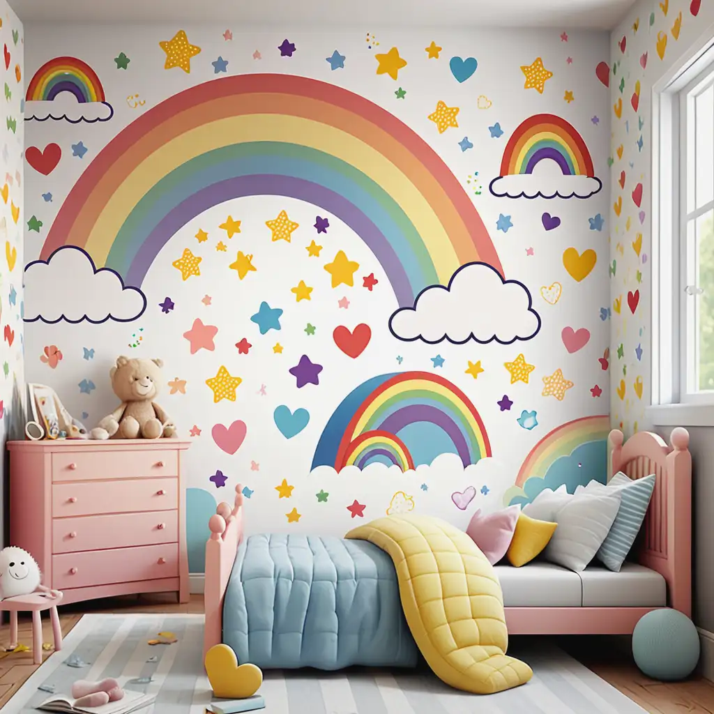 Cheerful Rainbow and Cloud Wallpaper for Childrens Bedroom