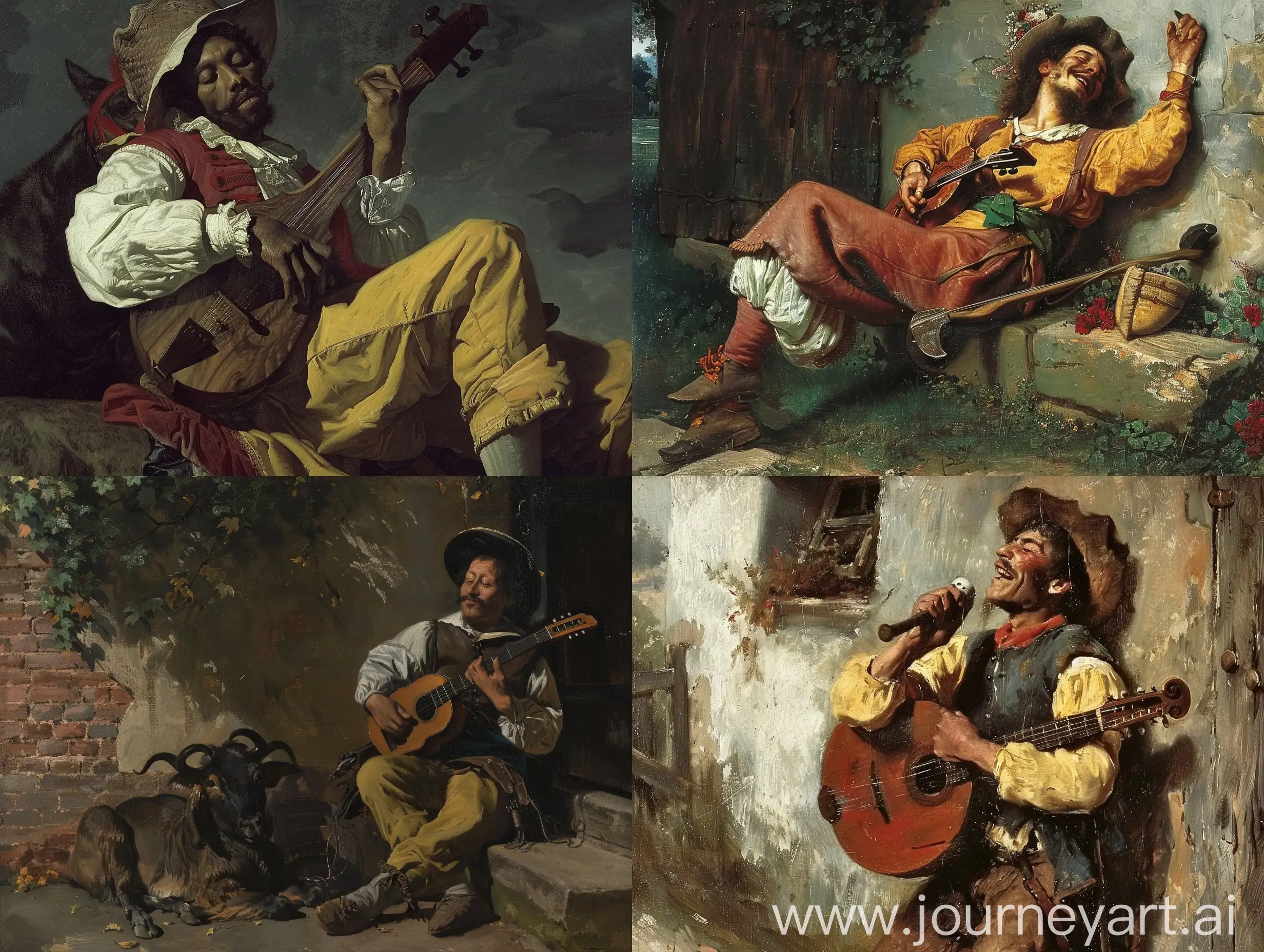Minstrel-Playing-Mandolin-and-Mulatto-Crafting-with-Hammer-in-Dreamlike-Scene