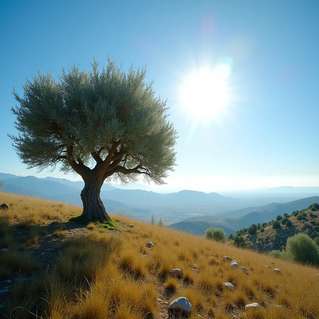 olive tree, peaceful panorama, bright, blue sky, shining sun