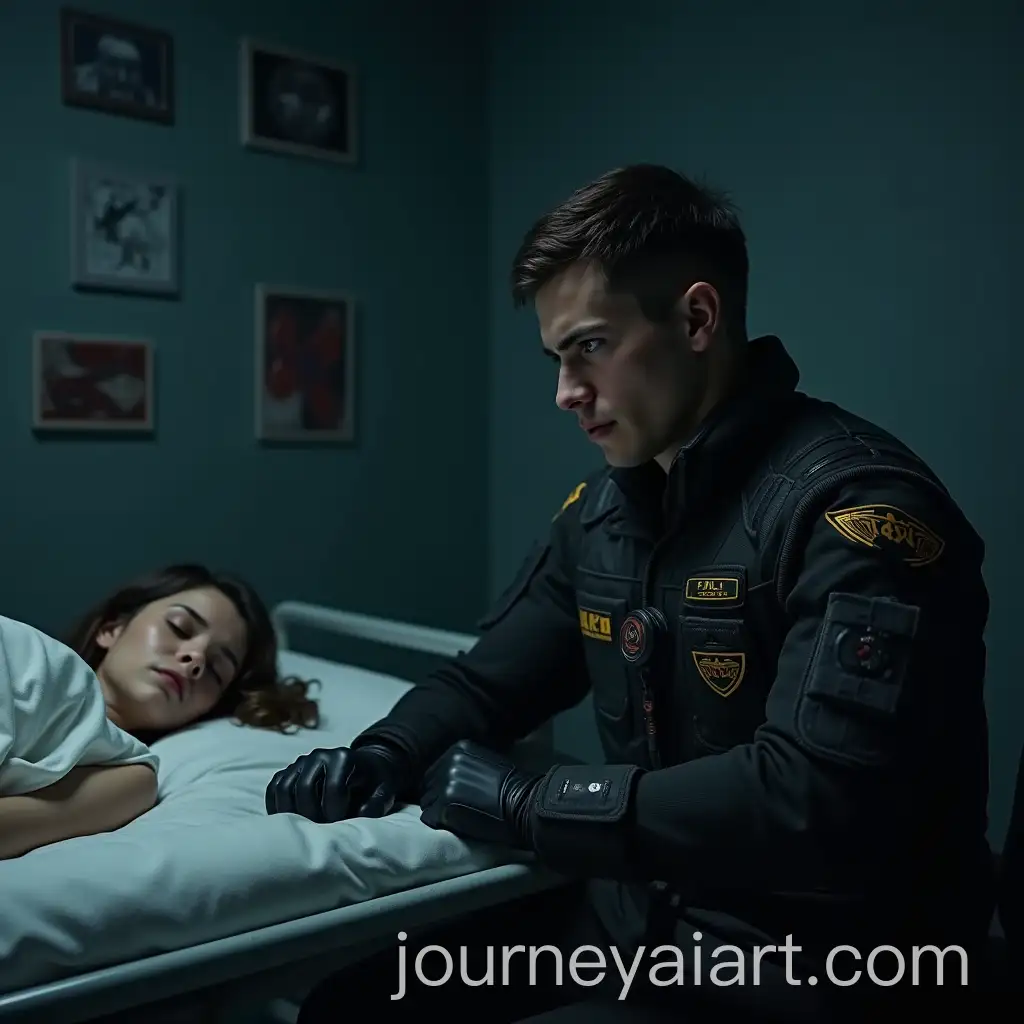 Young-Man-in-Tactical-Uniform-Contemplating-Touching-Unconscious-Woman-in-Futuristic-Medical-Room