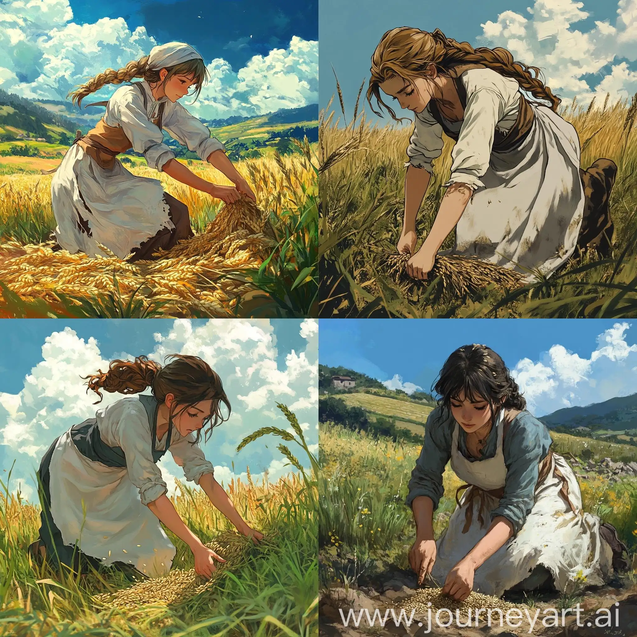 Medieval-Peasant-Maid-Gathering-Grains-in-Field-90s-Anime-Art