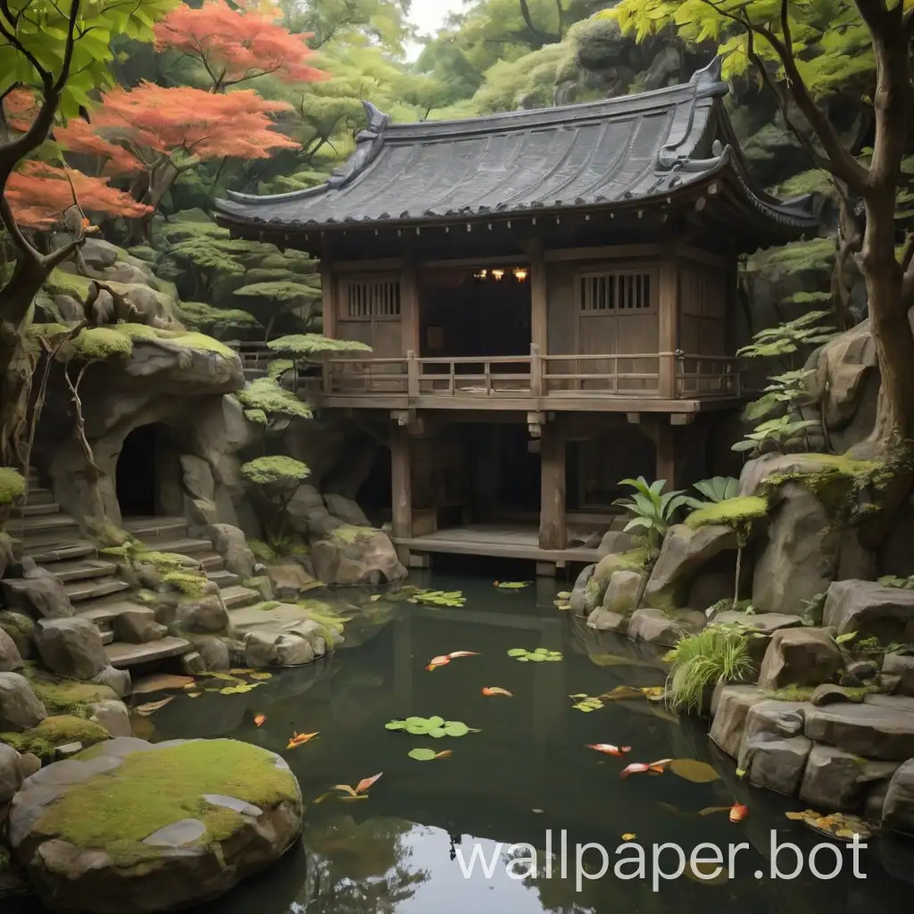 Japanese style bat cave with coi ponds