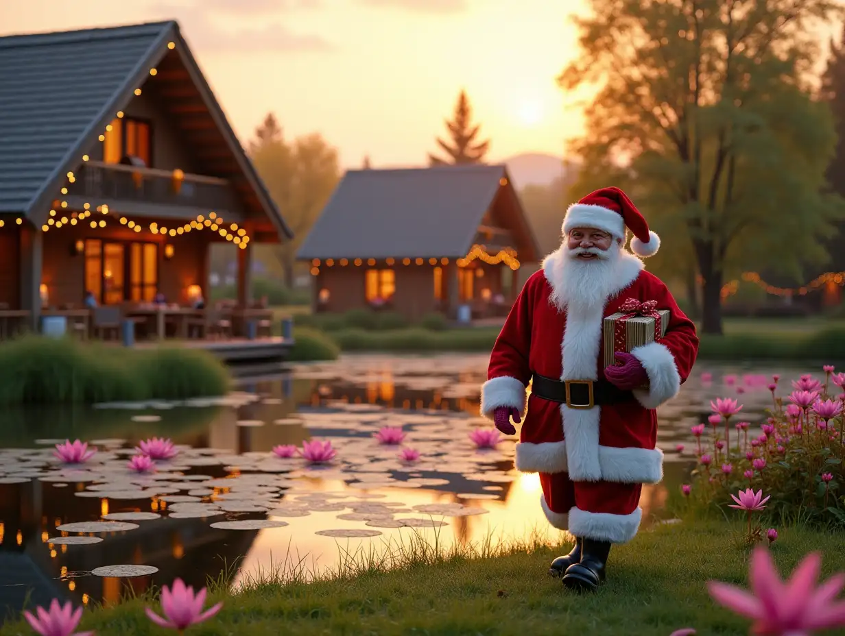 A cheerful and smiling Santa Claus with gifts walks across the lawn near the coffee house terrace decorated with garlands, where there are many tables at which hospitable families drink warm drinks and eat pastries, the terrace is located on the shore of a huge eco-pond with a large number of pink lily pads, and on the other side of this pond, cheerful people of different ages walk along the shore just like on the other side there are only 3 small one-story chalet houses, these houses have the appearance of a one-story chalet with a gable tiled roof, each roof slope is smooth without bending, These chalet houses are built from a system of wooden beams, consisting only of vertical wooden beams, and only in the half-timbered style. Between the glass beams, the glass walls are panoramic windows in all walls from the floor to the roof, that is, each wall is a panoramic window, on the other shore among the houses there are trees on which bright garlands shine. at sunset and in the reflections of sunset light, the foreground view is in focus, and the background is blurred, realistic