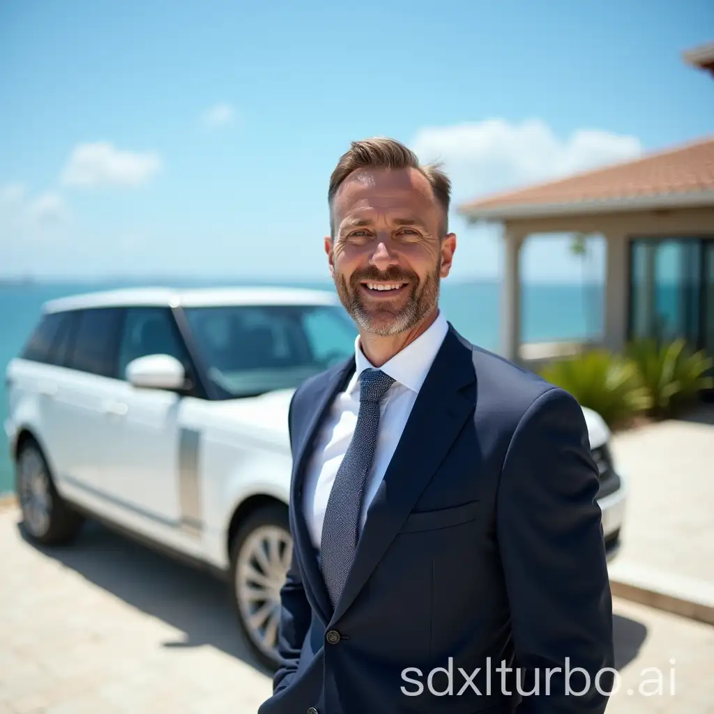 A middle-aged man, in a suit and tie, with a fit physique, standing in front of a villa by the sea, with a white Land Rover Range Rover beside him, and blue sky with a few white clouds above