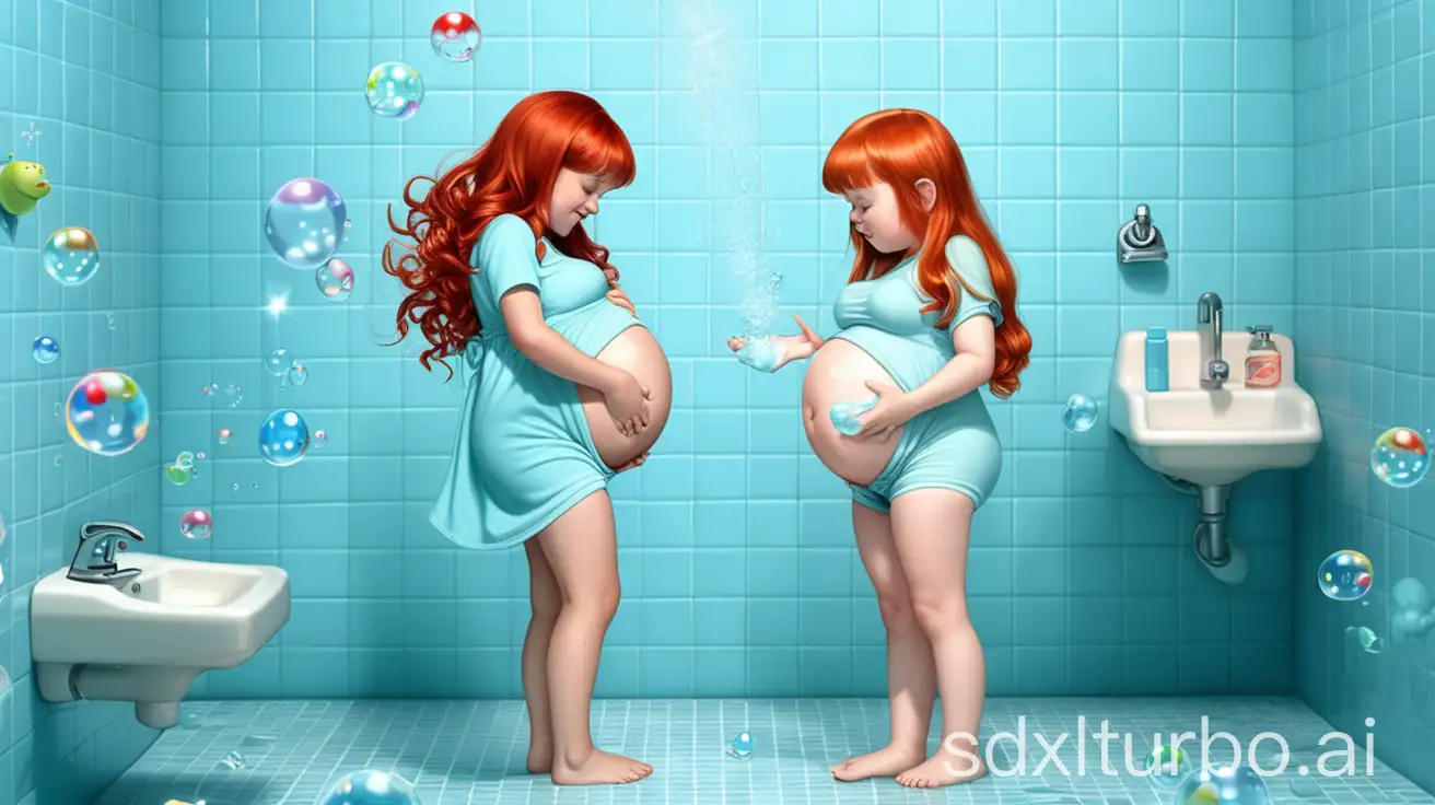 two Adorable-Pregnant-redhead-Girl-at-Preschool-shower stall soap bar in hand pale blue tile standing soaping belly whashing hair shampoo bubbles feet visible