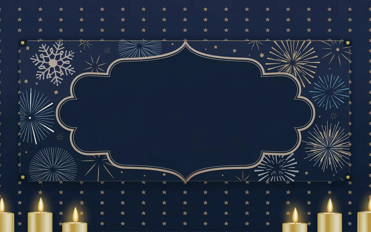 Elegant Blank Banner with new year's thematic, no text, golden accents, painted snowflakes fireworks frame, dark indigo background