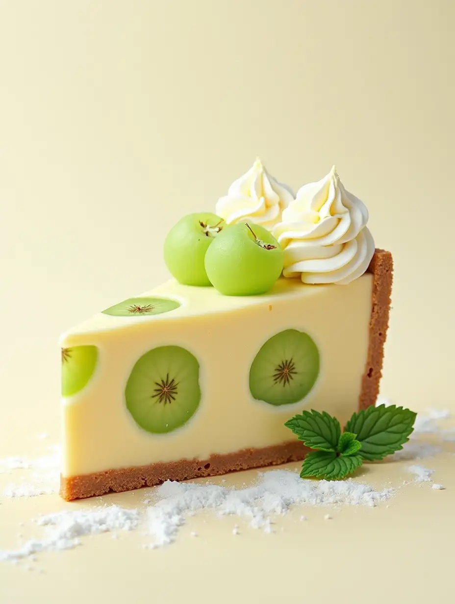 Animated slice of cheesecake cut into a triangle, with flowing cream on the top creating an interesting pattern, inside the cheesecake there are many green grape slices, around the cheesecake there is a sprinkling of white powder resembling powdered sugar, and there's mint leaves