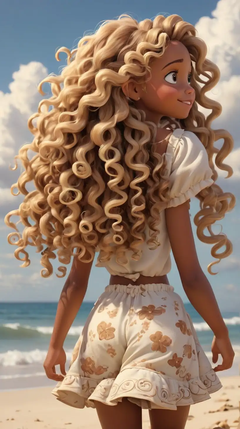 Cartoon DisneyInspired 8YearOld Girl with Curly Hair on a Beach