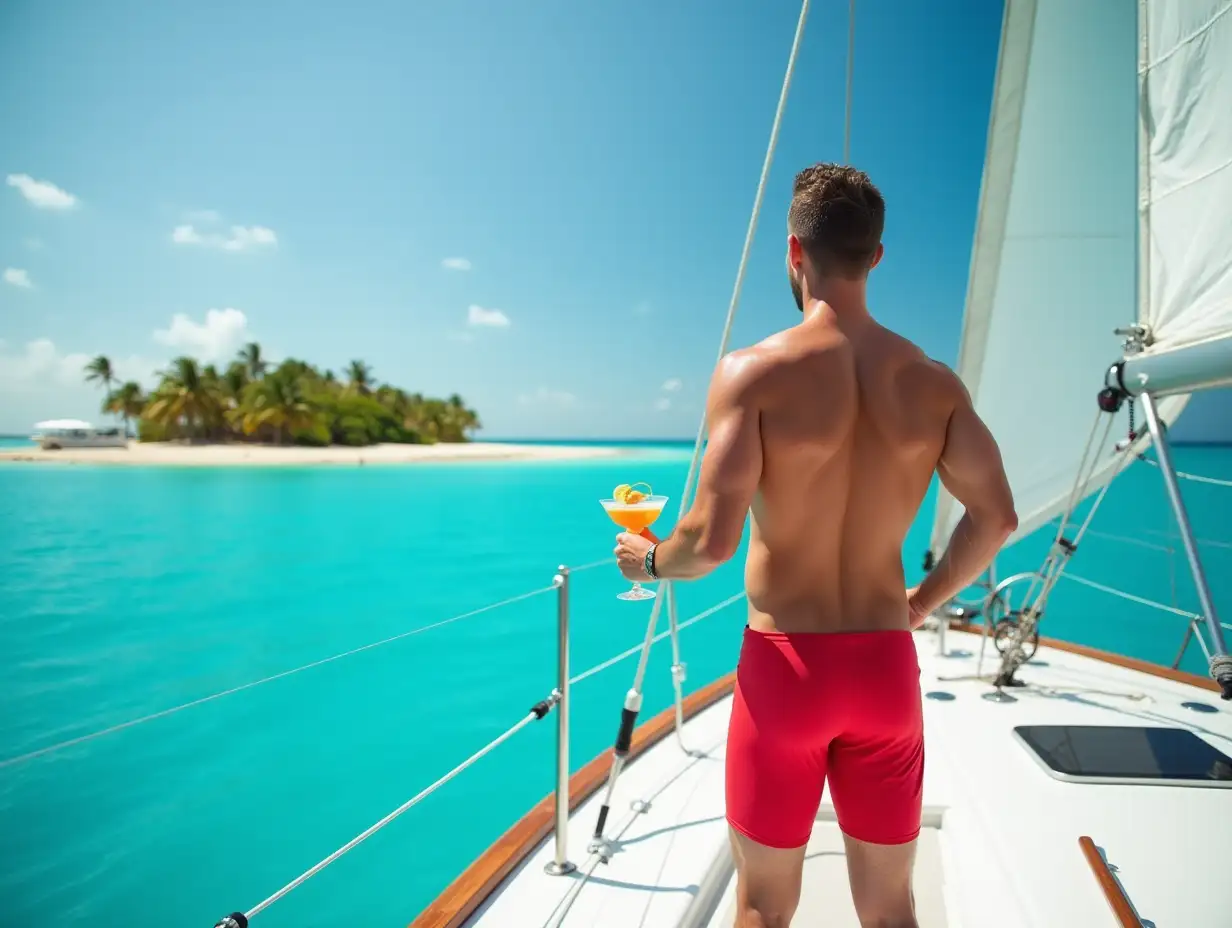 a yacht with sails in turquoise water beside a caribbean island. there is a handsome man in red spandex shorts on board with a cocktail.