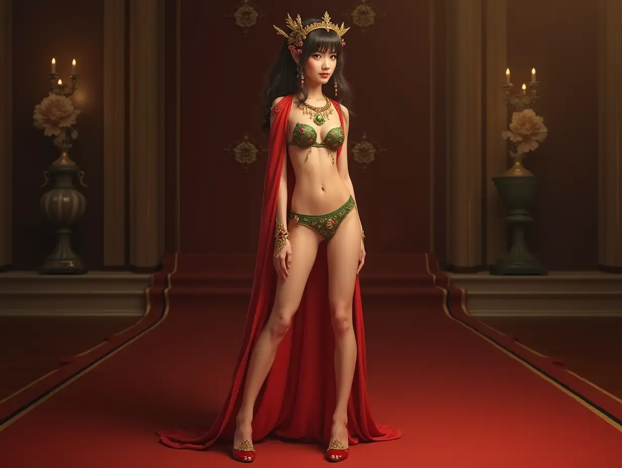 Mythological princess in red,green underwear, jewel stone arrow necklace, red lacquer shoes at a ball portrait