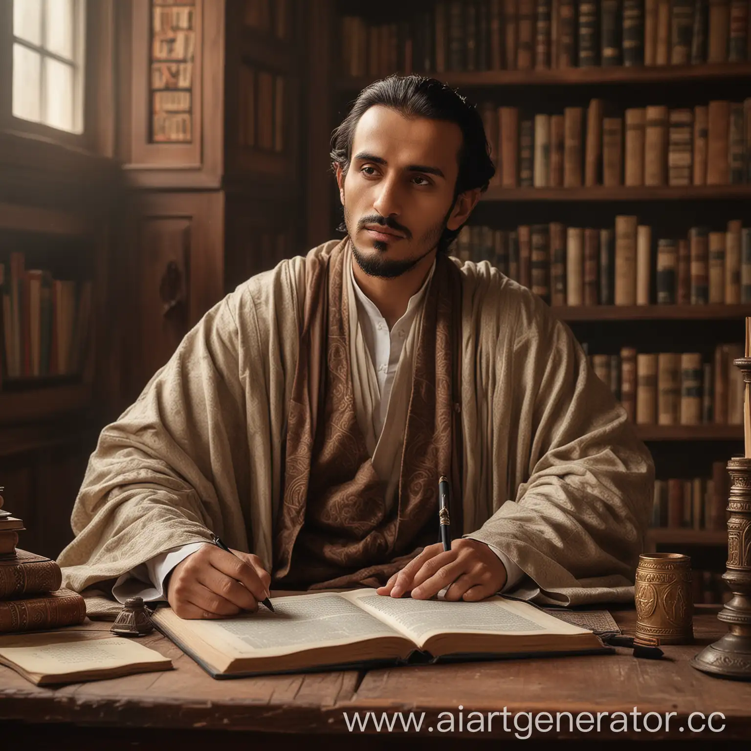 Portrait-of-Wise-Writer-Hassan-Ali-Surrounded-by-Books-and-Scrolls