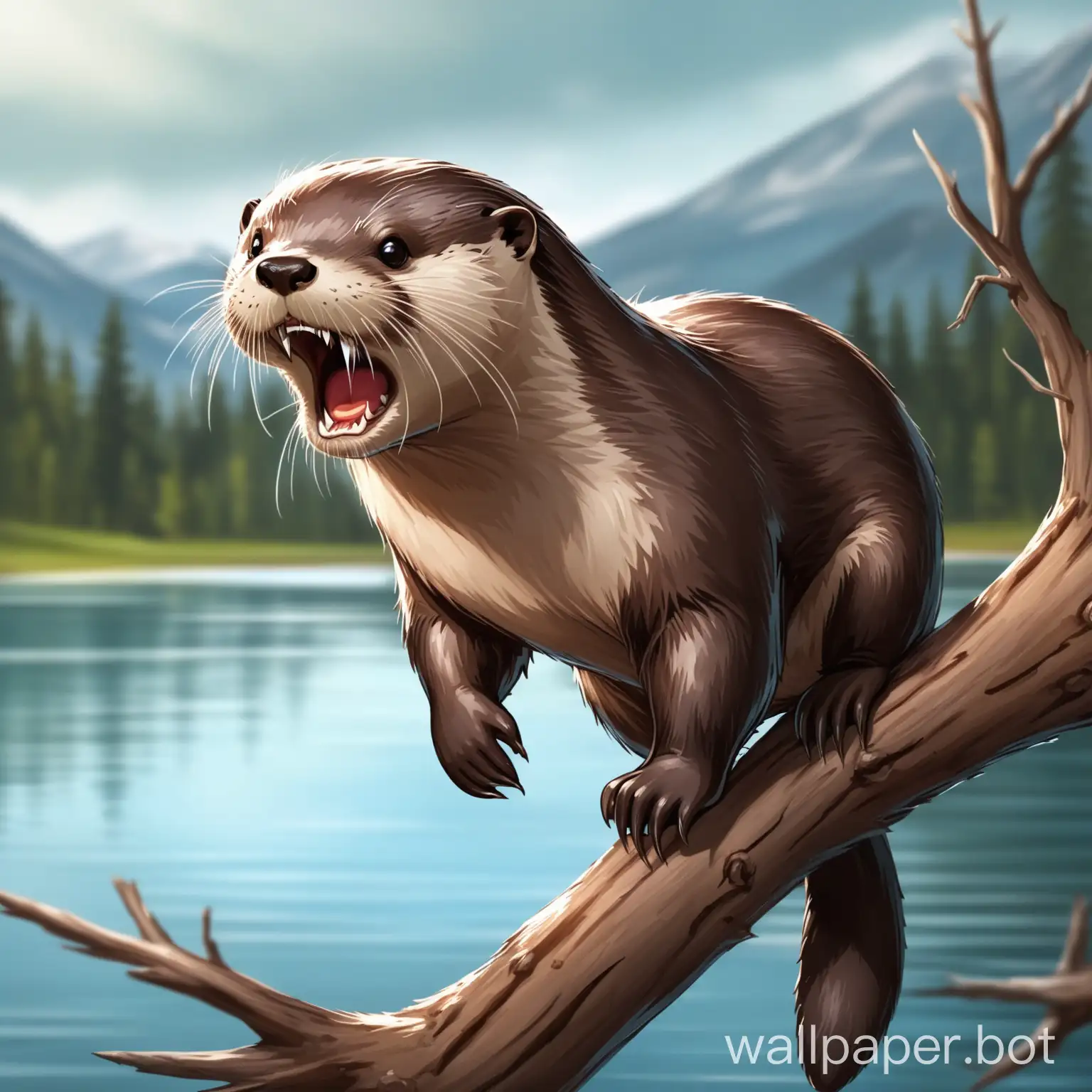 Aggressive-Otter-Displaying-Teeth-on-a-Lakeside-Branch