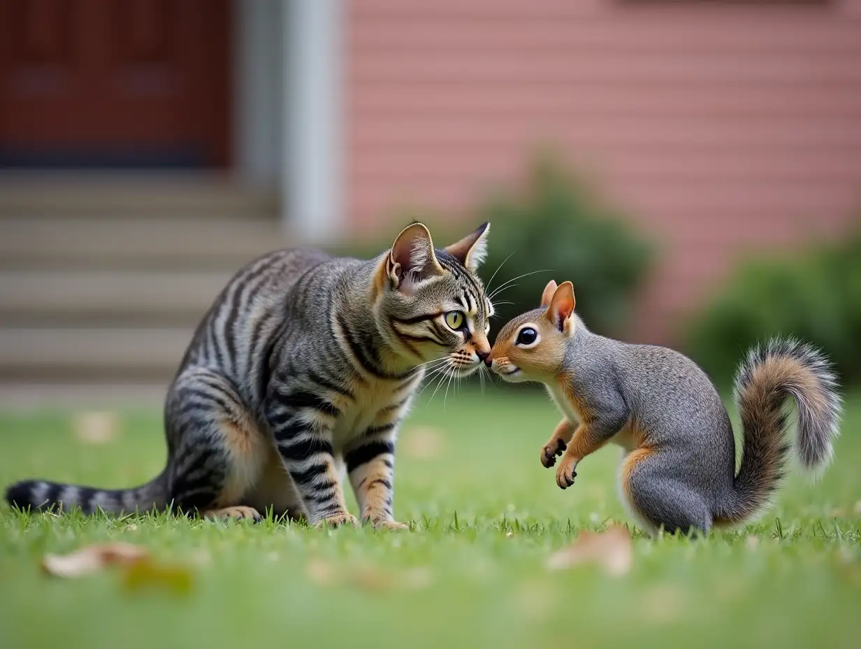 Gray mackerel tabby cat crouches low and threatening almost nose to nose with a western gray squirrel. in the front yard of a pink brick home. Photorealistic style.