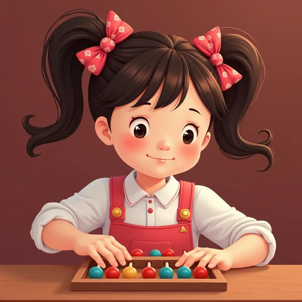 girl 7 years old. the girl has red pigtails with pink bows. the girl is counting on Chinese abacus