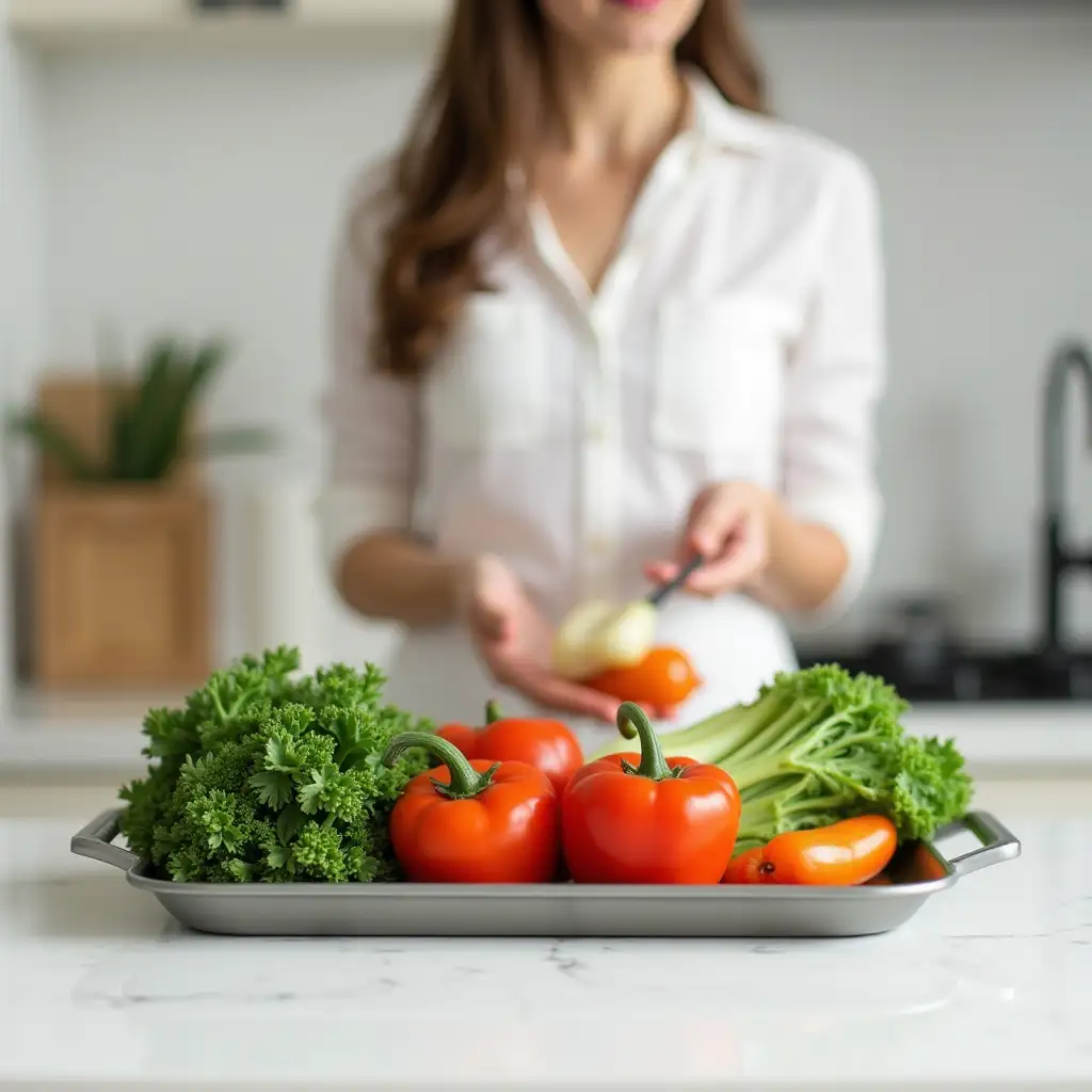 front of a tray with Vegetables on a white  desk in the kitchen room and women washing vegetables at background